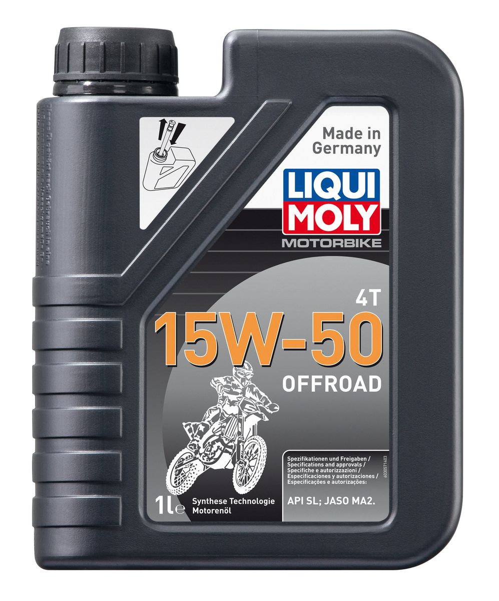 Масло моторное Liqui Moly Motorbike 4T Offroad, НС-синтетическое, 15W-50, 1 л3057 Масло моторное Liqui Moly Motorbike 4T Offroad, НС-синтетическое, 15W-50, 1 л3057Масло моторное Liqui Moly Motorbike 4T Offroad предназначено для эксплуатации разнообразной мототехники на бездорожье. Универсального применения, в том числе для техники с большим пробегом. Для высоконагруженных мотоциклетных двигателей с мокрым и сухим сцеплением, воздушного и водяного охлаждения. Использована высоковязкая НС-синтетическая базовая основа, сочетающая отличные противоизносные свойства с высоким индексом вязкости. Современный пакет присадок обеспечивает отменную совместимость с фрикционными материалами и оптимальное смазывание как двигателя, так и коробки передач мототехники. Стойко к тяжелым условиям: перегреву, попаданию воды, пыли. Всесезонное. НС-синтетическая базовая основа в сочетании с современными присадками обеспечивает: - повышенное давление в системе смазки; - отличное смазывание двигателя и КПП; - отличную стойкость к высоким температурам, попаданию воды и пыли; - максимальную защиту двигателя от износа; - снижение шума в работе агрегатов; - длительный срок службы масла. Использование моторного масла Motorbike 4T 15W-50 Offroad позволяет обеспечить высокую надежность стандартных мотоциклетных двигателей в условиях бездорожья. Применимо в подавляющем большинстве двигателей кроссовых, триальных и эндуро мотоциклов, квадроциклов, SxS, снегоходов различных производителей и годов выпуска. Смешивается со всеми стандартными маслами.Допуск: - API: SL- JASO: MA2