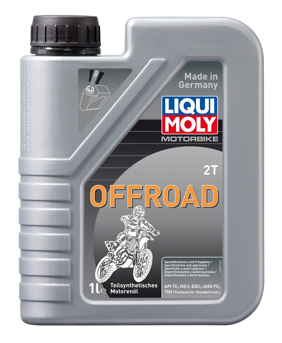 Масло моторное Liqui Moly Motorbike 2T Offroad, полусинтетическое, 1 л3065 Масло моторное Liqui Moly Motorbike 2T Offroad, полусинтетическое, 1 л3065Масло моторное Liqui Moly Motorbike 2T Offroad предназначено для эксплуатации высокофорсированной двухтактной мототехники в условиях бездорожья. Комбинация полусинтетической базы и современных присадок гарантирует оптимальную защиту двигателя на повышенных оборотах и нагрузках. Бездымно сгорает, не дает нагаров в двигателе и глушителе. Оптимально в условиях сильной запыленности и повышенной влажности. Самосмешиваемо с топливом, используется для раздельной и смешанной систем подачи топлива. Защищает от коррозии. Красного цвета. Полусинтетическая базовая основа в сочетании с современными присадками обеспечивает: - чистоту двигателя, свечей зажигания, мощностного клапана и глушителя; - защиту от износа, задиров и прихватов; - бездымное сгорание; - защиту от коррозии; - стойкость к повышенным оборотам, температуре и влажности. Использование масла Motorbike 2T Offroad обеспечивает долговременную работу стандартных 2Т двигателей внедорожной мототехники. Для двигателей с водяным и воздушным охлаждением, со смешанной и раздельной системами смазки. Концентрация в смеси с топливом до 1:50. Допуск:- API: TC- ISO: L-EGD- JASO: FC- TISI: TISI (Thailand International Standards Institute)