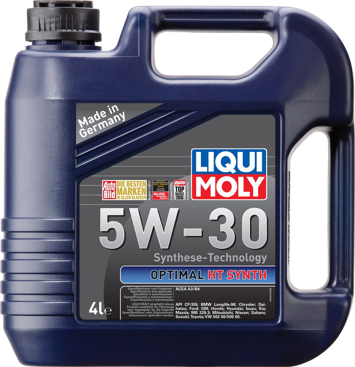 Масло моторное Liqui Moly Optimal HT Synth, НС-синтетическое, 5W-30, 4 л39001 Масло моторное Liqui Moly Optimal HT Synth, НС-синтетическое, 5W-30, 4 л39001Масло моторное Liqui Moly Optimal HT Synth - универсальное моторное масло на базе гидрокрекинговой технологии синтеза (HC-синтеза). Удовлетворяет современным требованиям международных стандартов API и ACEA. Оптимально для современных моделей ВАЗ и иномарок с аналогичными требованиями. Отлично подходит двигателей с турбонаддувом и катализаторами. Масло обладает популярнейшим классом вязкости для современных автомобилей. Это современное моторное мало с хорошими антифрикционными свойствами высшего класса для всесезонного применения. Комбинация необычных базовых масел на основе гидрокрекинга и самой современной технологии присадок гарантирует получение моторного масла, которое снижает расход масла и топлива и заботится о быстрейшей смазке двигателя. Особенности: - легкий ход мотора,- высокая устойчивость смазки,- высокая стабильность,- превосходная устойчивость к старению,- быстрое снабжение маслом при низких температурах, - оптимальное давление масла при всех условиях применения,- отличная защита от износа,- отличная чистота мотора,- экономит топливо и снижает выброс вредных веществ,- долгий срок жизни мотора,- пригодно к смешиванию с аналогичными моторными маслами,- проверено на катализаторах и турбонагнетателях.Допуск:-ACEA: A3/B4Соответствие:-API: CF/SN-BMW: Longlife-98-Chrysler: Chrysler-Ford: Ford-GM: GM-MB: 229.3-VW: 502 00/505 00-Daihatsu: Daihatsu-Honda: Honda-Hyundai: Hyundai-Kia: Kia-Isuzu: Isuzu-Mazda: Mazda-Mitsubishi: Mitsubishi-Nissan: Nissan-Suzuki: Suzuki-Toyota: Toyota-Subaru: Subaru