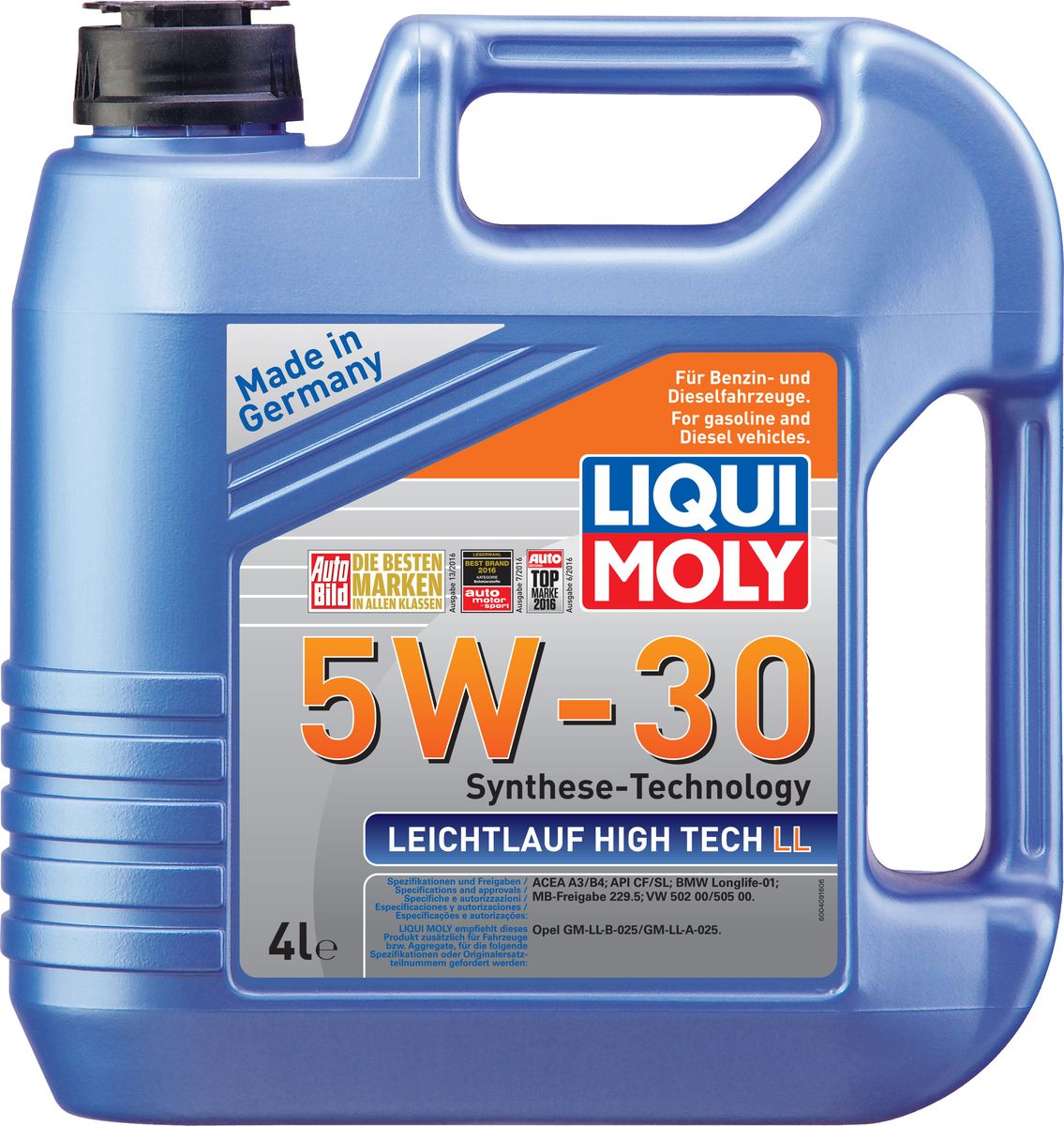 Масло моторное Liqui Moly Leichtlauf High Tech LL, НС-синтетическое, 5W-30, 4 л39006 Масло моторное Liqui Moly Leichtlauf High Tech LL, НС-синтетическое, 5W-30, 4 л39006Масло моторное Liqui Moly Leichtlauf High Tech LL - универсальное моторное масло на базе гидрокрекинговой технологии синтеза (HC-синтеза). Удовлетворяет современным требованиям международных стандартов API и ACEA, а также имеет оригинальные допуски таких производителей, как Mercedes-Benz, BMW, Volkswagen Group, Ford. Отлично подходит для двигателей с турбонаддувом, катализаторами и под высокие интервалы замены. Масло обладает популярнейшим классом вязкости для современных автомобилей. Особенности: - быстро смазывает,- снижает трение и износ, - оптимальное давление масла при всех условиях применения,- гарантирует высокий ресурс,- снижает потребление топлива- снижает потребление масла- проверено на катализаторах и турбонагнетателях,- пригодно к смешиванию с аналогичными моторными маслами,- гарантировано чистый двигатель.Масло обладает высокой надежностью и ресурсом, поддерживает двигатель в чистоте, что обеспечивает надежную эксплуатацию и увеличение ресурса двигателя.Допуск:- API: CF/SL- ACEA: A3/B4- BMW: Longlife-01- MB: 229.5- VW: 502 00/505 00Соответствие:- Opel: GM-LL-A025/GM-LL-B025