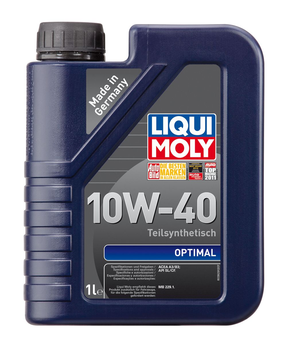 Масло моторное Liqui Moly Optimal, полусинтетическое, 10W-40, 1 л3929 Масло моторное Liqui Moly Optimal, полусинтетическое, 10W-40, 1 л3929Масло моторное Liqui Moly Optimal - это полусинтетическое моторное масло с адаптированным для российских условий пакетом присадок, которые в сочетании с вязкостью 10W-40 обеспечивают высокий уровень защиты. Масло оптимально подходит для таких российских марок, как ВАЗ и ГАЗ. Optimal 10W-40 удовлетворяет современным международным стандартам API/ACEA. В моторном масле используются синтетические и минеральные базовые компоненты, отличающиеся высокими защитными свойствами. Масло содержит современный пакет присадок, который обеспечивает высокий уровень защиты от износа и гарантирует стабильное поступление масла ко всем деталям двигателя.