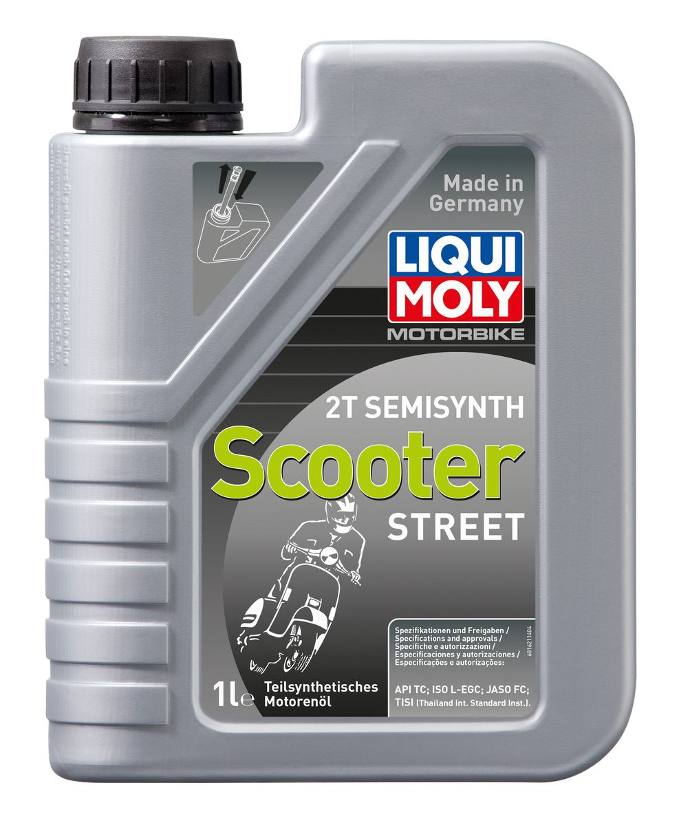 Масло моторное Liqui Moly Motorbike 2T Semisynth Scooter Street, полусинтетическое, 1 л3983 Масло моторное Liqui Moly Motorbike 2T Semisynth Scooter Street, полусинтетическое, 1 л3983Масло моторное Liqui Moly Motorbike 2T Semisynth Scooter предназначено для эксплуатации двухтактных скутеров на дорогах с твердым покрытием. Комбинация полусинтетической базы и современных присадок гарантирует оптимальную защиту двигателя на повышенных оборотах и нагрузках. Бездымно сгорает, не дает нагаров в двигателе и глушителе. Самосмешиваемо с топливом, используется для раздельной и смешанной систем подачи топлива. Защищает от коррозии. Красного цвета. Полусинтетическая базовая основа в сочетании с современными присадками обеспечивает: - чистоту двигателя, свечей зажигания, мощностного клапана и глушителя; - защиту от износа, задиров и прихватов; - бездымное сгорание; - защиту от коррозии; - стойкость к повышенным оборотам и температурам в подкапотном пространстве. Использование масла Motorbike 2T Semisynth Scooter Street обеспечивает долговременную работу стандартных 2Т двигателей скутеров. Для двигателей с водяным и воздушным охлаждением, со смешанной и раздельной системами смазки. Концентрация в смеси с топливом до 1:50.