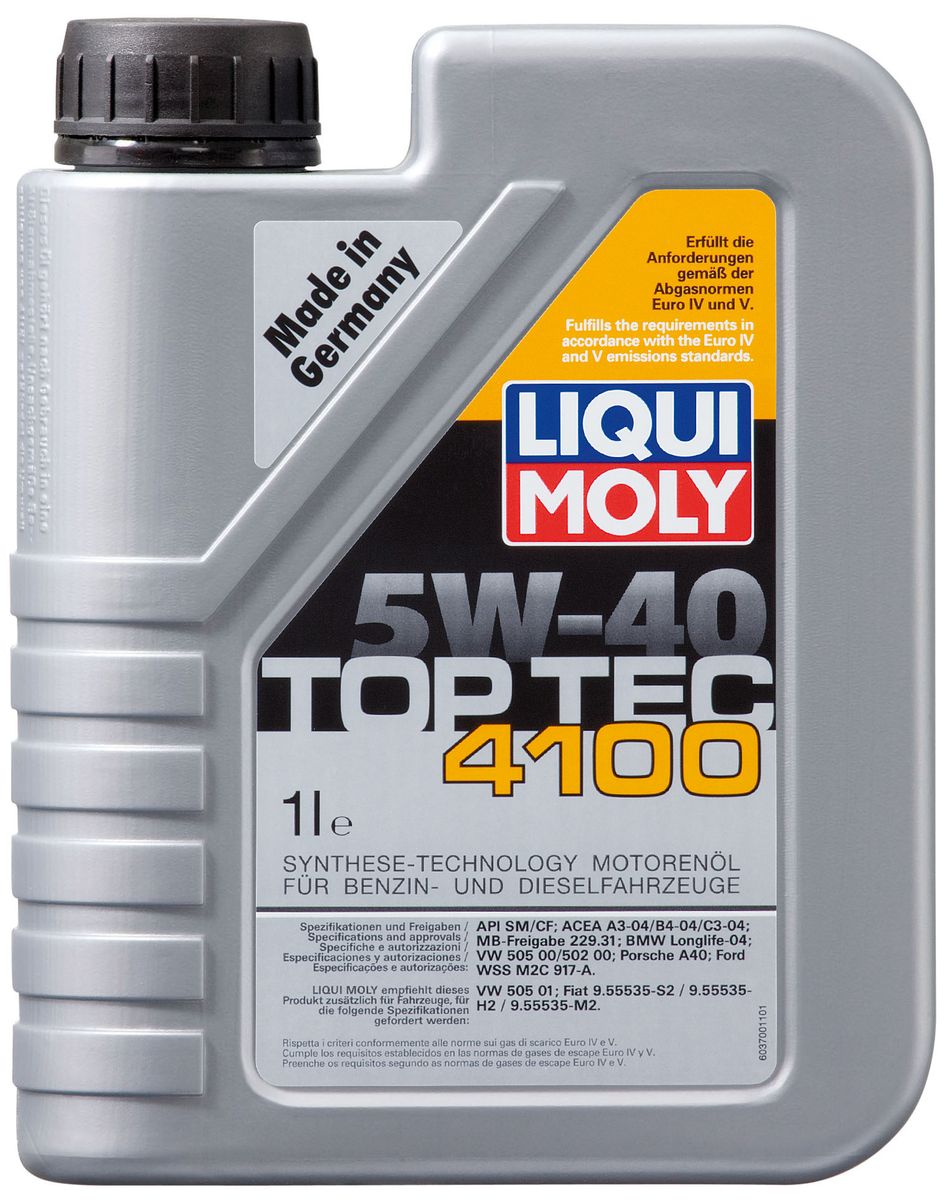 Масло моторное Liqui Moly Top Tec 4100, НС-синтетическое, 5W-40, 1 л7500 Масло моторное Liqui Moly Top Tec 4100, НС-синтетическое, 5W-40, 1 л7500Масло моторное Liqui Moly Top Tec 4100 рекомендуется для бензиновых и дизельных двигателей Mercedes-Benz, BMW, Ford (насос-форсуночные дизели), Honda, Fiat, для всех Porsche с оригинальными двигателями. HC-синтетическое малозольное (Mid SAPS) моторное масло для бензиновых и дизельных двигателей легковых автомобилей, оснащенных двойной системой нейтрализации отработавших газов (в том числе DPF). Соответствует экологическим нормам EURO 4 и выше. Отлично подходит при использовании природного и сжиженного газа (CNG/LPG). В моторных маслах Top Tec используются базовые компоненты, произведенные по новейшим технологиям синтеза и отличающиеся высочайшими защитными свойствами. Масла содержат специальный пакет присадок с пониженным содержанием соединений серы, фосфора и хлора, что обеспечивает совместимость со специфическими системами нейтрализации и обеспечивает минимальные выбросы вредных веществ. Особенности: - Сокращает вредные выбросы- Совместимо с новейшими системами нейтрализации выхлопных газов- Быстрое поступление масла к трущимся деталям при низких температурах- Высокая защита двигателя от износа- Обеспечивает чистоту двигателяИспользование моторного масла Top Tec 4100 позволяет обеспечить высокую надежность эксплуатации двигателя и увеличение срока службы современных дорогостоящих каталитических нейтрализаторов и сажевых фильтров. Благодаря наличию оригинальных допусков производителей автомобилей, использование данного масла позволяет сохранить все гарантийные условия при прохождении ТО. Допуск: -API: CF/SM-ACEA: C3-BMW: Longlife-04-Ford: WSS-M2C917-A-MB: 229.31-Porsche: A40-VW: 502 00/505 00/505 01Соответствие: -ACEA: A3/B4-Fiat: 9.55535-H2/9.55535-M2/9.55535-S2-Renault: RN 0700/RN 0710