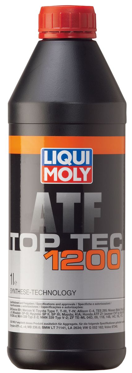 Масло трансмиссионное Liqui Moly Top Tec ATF 1200, НС-синтетическое, 1 л7502 Масло трансмиссионное Liqui Moly Top Tec ATF 1200, НС-синтетическое, 1 л7502Масло трансмиссионное Liqui Moly Top Tec ATF 1200 отвечает требованиям производителей трансмиссий как для грузовых, так и для легковых автомобилей. HC-синтетическая универсальная жидкость создана по специальной рецептуре, позволяющей соответствовать требованиям многочисленных производителей агрегатов и транспортных средств, даже в самых тяжелых условиях эксплуатации и при сильных температурных колебаниях. Top Tec ATF 1200 создано на базе высококачественных масел HC-синтеза и специального пакета присадок, обеспечивающего адаптивный коэффициент трения, отличную совместимость с материалами фрикционов и гарантирующего максимальную универсальность применения. Особенности: - Имеет очень высокий индекс вязкости- Гарантирует очень высокую тепловую стабильность- Обладает отличными низкотемпературными свойствами- Универсально применимоДопуск: -Dexron: III H-JASO: 1A-Caterpillar: TO-2-Ford: Mercon V-Honda: ATF Z1 (кроме CVT) -Hyundai: SP II/SP III-Kia: SP-II/SP-III-Mazda: ATF M-V/ATF M III-Mitsubishi: SP-III/SP-II-Nissan: Matic Fluid/D/J/K-Toyota: Type T-II/T-IV-Allison: C-4