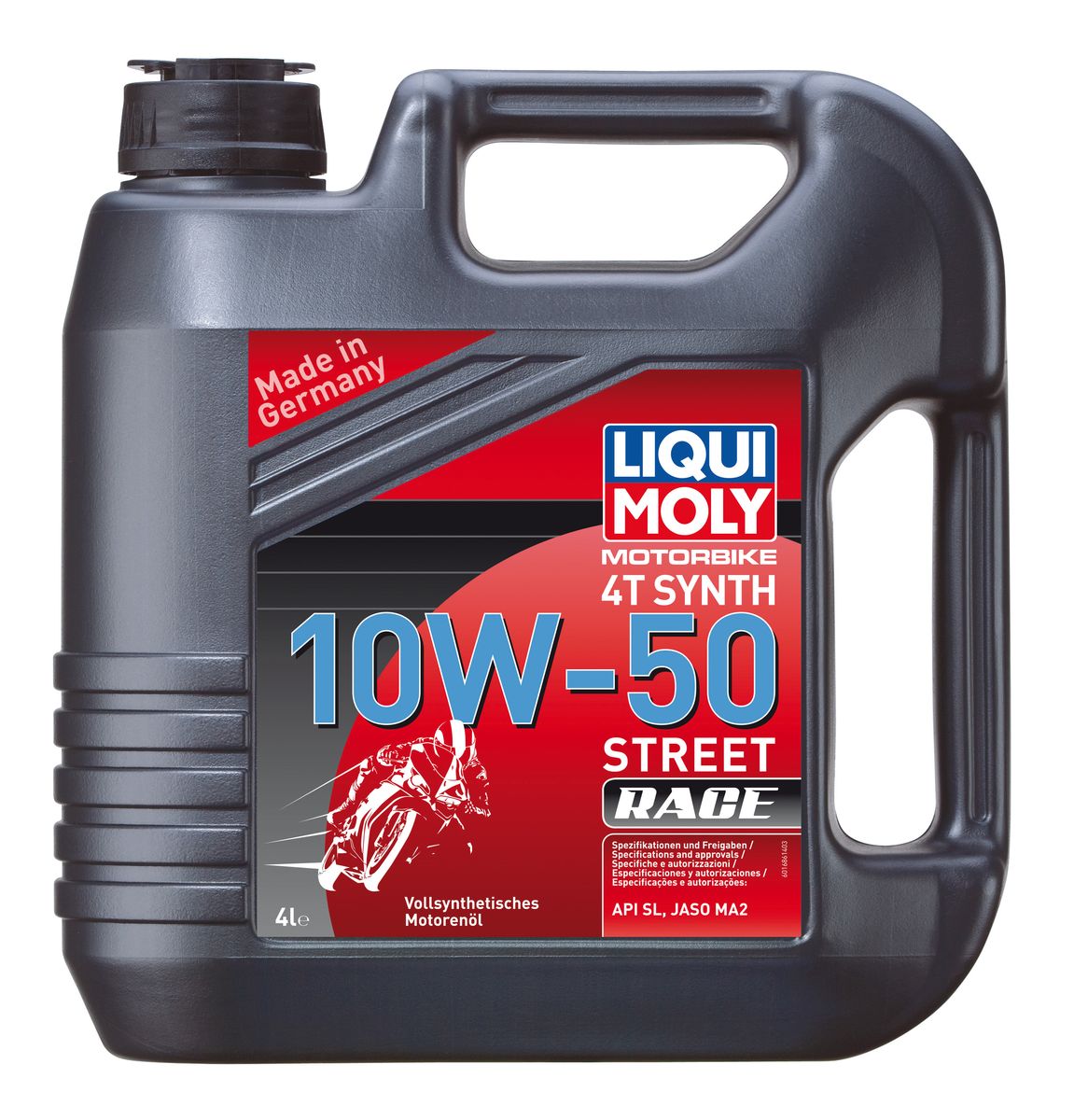 Масло моторное Liqui Moly Motorbike 4T Synth Street Race, синтетическое, 10W-50, 4 л7508 Масло моторное Liqui Moly Motorbike 4T Synth Street Race, синтетическое, 10W-50, 4 л7508Масло моторное Liqui Moly Motorbike 4T Synth Street Race предназначено для эксплуатации гоночной мототехники на дорогах с твердым покрытием. Универсального применения. Особо рекомендуется для техники, производства Ducati, Harley Davidson. Для высоконагруженных мотоциклетных двигателей с мокрым и сухим сцеплением, воздушного и водяного охлаждения. Соответствует рекомендациям ведущих мировых производителей мототехники. Возможно использование на технике с большим пробегом. Современная формула сочетает высокостабильную ПАО-базовую основу с современными присадками. Масло совместимо с фрикционными материалами сцепления даже на особо мощных мотоциклетных двигателях. Отменно противостоит вспениванию и перегреву. Подобранная вязкость гарантирует оптимальную защиту двигателя от прихвата и задиров. Полностью синтетическая базовая основа обеспечивает: - стабильность вязкости в эксплуатации, - стабильное смазывание при высоких оборотах, - чистоту двигателя, - высочайшую защиту двигателя от износа, - низкий расход масла на угар, - легкий запуск двигателя, - низкий расход топлива, - отличные антипенные свойства. Допуск: - API: SLСоответствие: - JASO: MA2