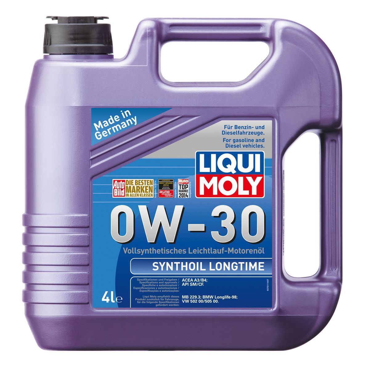 Масло моторное Liqui Moly Synthoil Longtime, синтетическое, 0W-30, 4 л7511 Масло моторное Liqui Moly Synthoil Longtime, синтетическое, 0W-30, 4 л7511Масло моторное Liqui Moly Synthoil Longtime - 100% синтетическое универсальное моторное масло на базе полиальфаолефинов (ПАО) для большинства автомобилей, для которых требования к маслам опираются на международные классификации API и ACEA. Класс вязкости 0W-30 моторного масла на ПАО-базе оптимален для эксплуатации в холодных условиях, обеспечивая уверенный пуск двигателя даже в сильный мороз и высокий уровень энергосбережения (и экономии топлива). Особенности: - Отличные пусковые свойства в мороз- Быстрое поступление масла ко всем деталям двигателя при низких температурах- Высокие показатели по экономии топлива- Высокая смазывающая способность- Замечательная термоокислительная стабильность и устойчивость к старению- Оптимальная чистота двигателя- Протестировано и совместимо с катализаторами и турбонаддувом- Высокая стабильность при высоких температурах- Очень низкий расход масла Допуск: -API: CF/SM-ACEA: A3/B4Соответствие: -BMW: Longlife-98-MB: 229.3-VW: 502 00/505 00