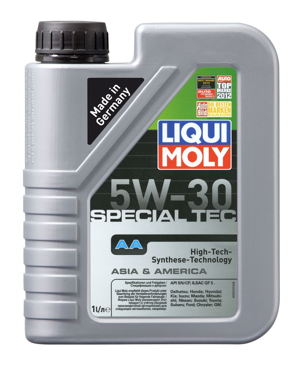 Масло моторное Liqui Moly Special Tec AA, НС-синтетическое, 5W-30, 1 л7515 Масло моторное Liqui Moly Special Tec AA, НС-синтетическое, 5W-30, 1 л7515Масло моторное Liqui Moly Special Tec AA рекомендуется для автомобилей Honda, Mazda, Mitsubishi, Nissan, Daihatsu, Hyundai, Kia, Isuzu, Suzuki, Toyota, Subaru, Ford, Chrysler, GM. Современное HC-синтетическое энергосберегающее моторное масло специально разработано для всесезонного использования в большинстве двигателей современных американских и азиатских бензиновых автомобилей. Базовые масла, полученные по технологии синтеза, и новейшие присадки составляют рецептуру моторного масла с отменной защитой от износа, снижающего расход топлива и масла, обеспечивающего чистоту двигателя и максимально быстрое поступление к трущимся деталям. Особенности: - Быстрое поступление масла ко всем деталям двигателя при низких температурах- Высочайшие показатели топливной экономии- Сокращает эмиссию выхлопных газов- Отличная чистота двигателя- Совместимо с новейшими системами нейтрализации отработавших газов бензиновых двигателей- Высокая защита от износа и надежность смазывания- Очень низкие потери масла на испарениеМоторное масло Special Tec АА 5W-30 соответствует специальным требованиям азиатских и американских производителей, поэтому его использование позволяет сохранить все гарантийные условия при прохождении ТО соответствующих автомобилей. Допуск: -API: SN/CF-ILSAC: GF-5