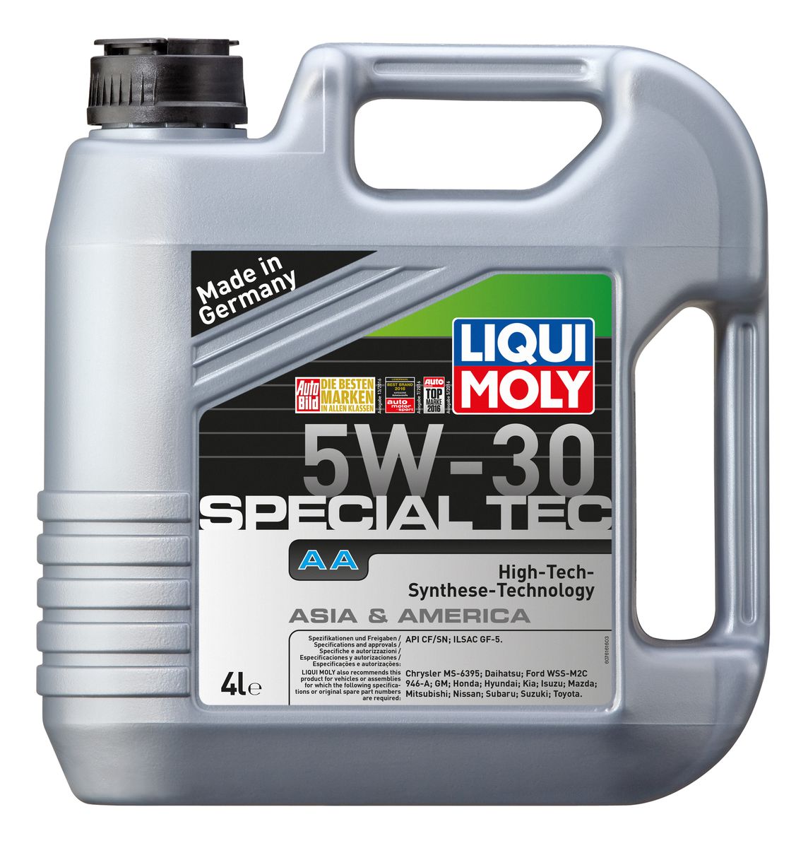 Масло моторное Liqui Moly Special Tec AA, НС-синтетическое, 5W-30, 4 л7516 Масло моторное Liqui Moly Special Tec AA, НС-синтетическое, 5W-30, 4 л7516Масло моторное Liqui Moly Special Tec AA рекомендуется для автомобилей Honda, Mazda, Mitsubishi, Nissan, Daihatsu, Hyundai, Kia, Isuzu, Suzuki, Toyota, Subaru, Ford, Chrysler, GM. Современное HC-синтетическое энергосберегающее моторное масло специально разработано для всесезонного использования в большинстве двигателей современных американских и азиатских бензиновых автомобилей. Базовые масла, полученные по технологии синтеза, и новейшие присадки составляют рецептуру моторного масла с отменной защитой от износа, снижающего расход топлива и масла, обеспечивающего чистоту двигателя и максимально быстрое поступление к трущимся деталям. Особенности: - Быстрое поступление масла ко всем деталям двигателя при низких температурах- Высочайшие показатели топливной экономии- Сокращает эмиссию выхлопных газов- Отличная чистота двигателя- Совместимо с новейшими системами нейтрализации отработавших газов бензиновых двигателей- Высокая защита от износа и надежность смазывания- Очень низкие потери масла на испарениеМоторное масло Special Tec АА 5W-30 соответствует специальным требованиям азиатских и американских производителей, поэтому его использование позволяет сохранить все гарантийные условия при прохождении ТО соответствующих автомобилей. Допуск: -API: SN/CF-ILSAC: GF-5