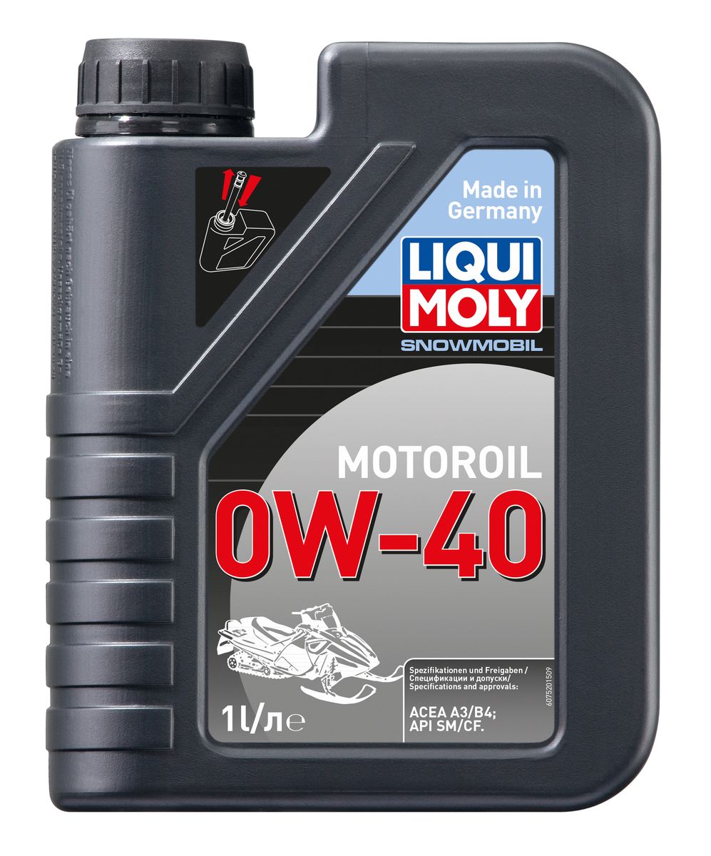 Масло моторное Liqui Moly Snowmobil Motoroil, синтетическое, 0W-40, 1 л7520 Масло моторное Liqui Moly Snowmobil Motoroil, синтетическое, 0W-40, 1 л7520Масло моторное Liqui Moly Snowmobil Motoroil предназначено для эксплуатации 4Т снегоходов в условиях экстремальных нагрузок и крайне низких температур. Современная формула сочетает высокостабильную низковязкую ПАО-базовую основу с современными присадками. Масло позволяет уверенно запустить и нормально эксплуатировать двигатель в условиях крайне низких температур. Отлично прокачивается масляным насосом. Снижает трение и износ, экономит топливо. Предотвращает образование отложений в двигателе. Полностью синтетическая базовая основа обеспечивает: - низкую пусковую вязкость, уверенный запуск в мороз, - стабильное смазывание в любых условиях, - чистоту двигателя, - высокую защиту двигателя от износа, - низкий расход масла на угар, - легкий запуск двигателя, - низкий расход топлива, - стойкость к высоким температурам и перегреву. Использование моторного масла Snowmobil Motoroil 0W-40 позволяет обеспечить высокую надежность эксплуатации двигателей снегоходов при поддержании максимальной мощности двигателя. Допуск: - API: CF/SM- ACEA: B4/A3