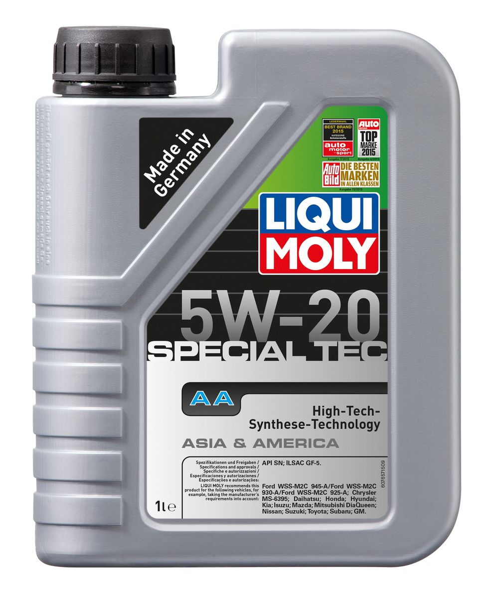 Масло моторное Liqui Moly Special Tec AA, НС-синтетическое, 5W-20, 1 л7620 Масло моторное Liqui Moly Special Tec AA, НС-синтетическое, 5W-20, 1 л7620Масло моторное Liqui Moly Special Tec AA рекомендуется для автомобилей Honda, Mazda, Mitsubishi, Nissan, Daihatsu, Hyundai, Kia, Isuzu, Suzuki, Toyota, Subaru, Ford, Chrysler, GM.Современное HC-синтетическое энергосберегающее моторное масло специально разработано для всесезонного использования в двигателях американских и азиатских автомобилей. Благодаря классу вязкости 5W-20 данное масло отлично подходит для новейших двигателей Honda, произведенных для японского и американского рынков. Базовые масла, полученные по технологии синтеза, и новейшие присадки составляют рецептуру моторного масла с отменной защитой от износа, снижающего расход топлива и масла, обеспечивающего чистоту двигателя и максимально быстрое поступление к трущимся деталям. Особенности: - Быстрое поступление масла ко всем деталям двигателя при низких температурах- Высочайшие показатели топливной экономии- Сокращает эмиссию выхлопных газов- Отличная чистота двигателя- Совместимо с новейшими системами нейтрализации отработавших газов бензиновых двигателейМоторное масло Special Tec АА 5W-20 соответствует специальным требованиям азиатских и американских производителей, поэтому его использование позволяет сохранить все гарантийные условия при прохождении ТО соответствующих автомобилей. Допуск: - API: SN- ILSAC: GF-5