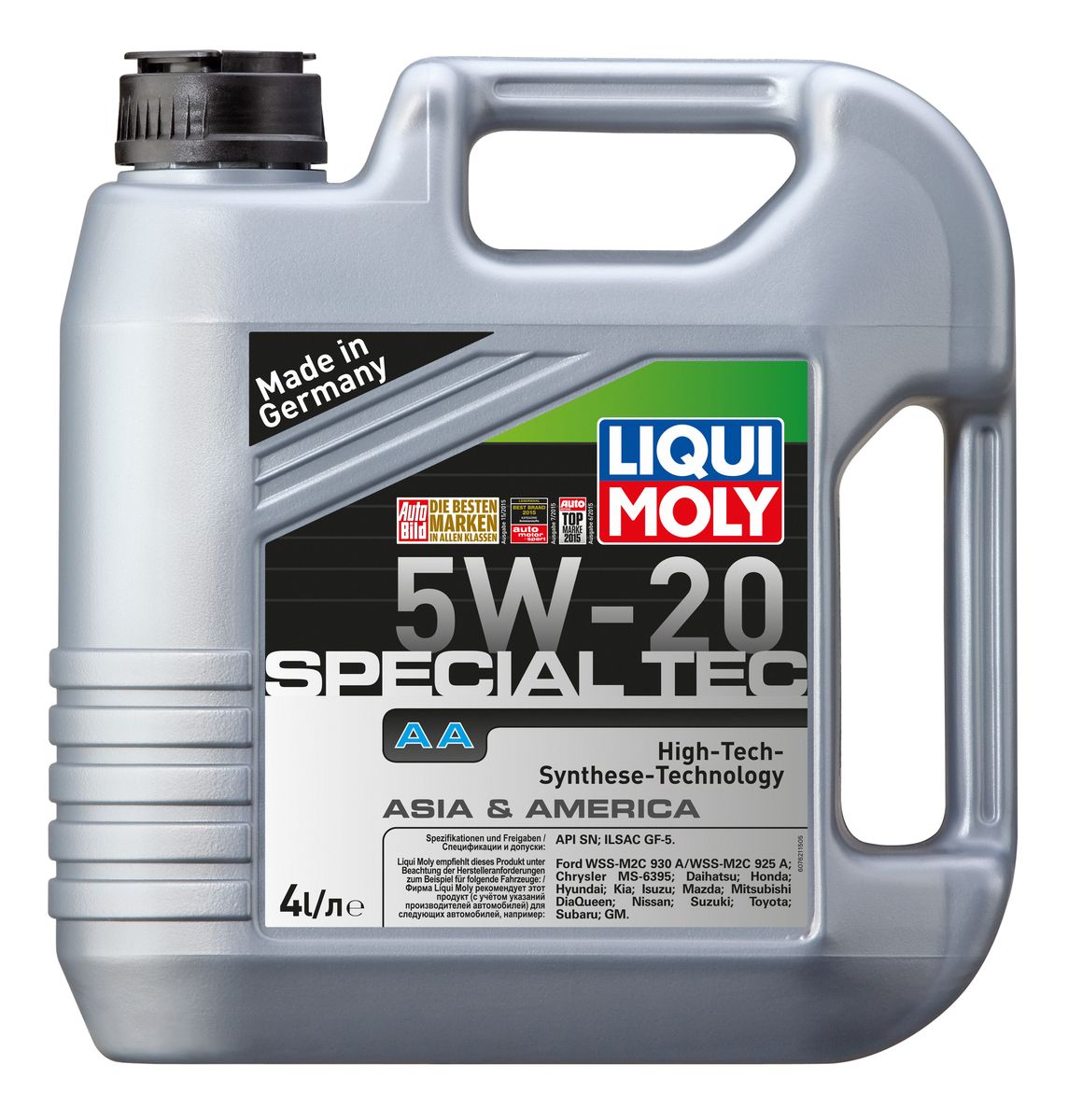 Масло моторное Liqui Moly Special Tec AA, НС-синтетическое, 5W-20, 4 л7621 Масло моторное Liqui Moly Special Tec AA, НС-синтетическое, 5W-20, 4 л7621Масло моторное Liqui Moly Special Tec AA рекомендуется для автомобилей Honda, Mazda, Mitsubishi, Nissan, Daihatsu, Hyundai, Kia, Isuzu, Suzuki, Toyota, Subaru, Ford, Chrysler, GM.Современное HC-синтетическое энергосберегающее моторное масло специально разработано для всесезонного использования в двигателях американских и азиатских автомобилей. Благодаря классу вязкости 5W-20 данное масло отлично подходит для новейших двигателей Honda, произведенных для японского и американского рынков. Базовые масла, полученные по технологии синтеза, и новейшие присадки составляют рецептуру моторного масла с отменной защитой от износа, снижающего расход топлива и масла, обеспечивающего чистоту двигателя и максимально быстрое поступление к трущимся деталям. Особенности: - Быстрое поступление масла ко всем деталям двигателя при низких температурах- Высочайшие показатели топливной экономии- Сокращает эмиссию выхлопных газов- Отличная чистота двигателя- Совместимо с новейшими системами нейтрализации отработавших газов бензиновых двигателейМоторное масло Special Tec АА 5W-20 соответствует специальным требованиям азиатских и американских производителей, поэтому его использование позволяет сохранить все гарантийные условия при прохождении ТО соответствующих автомобилей. Допуск: - API: SN- ILSAC: GF-5
