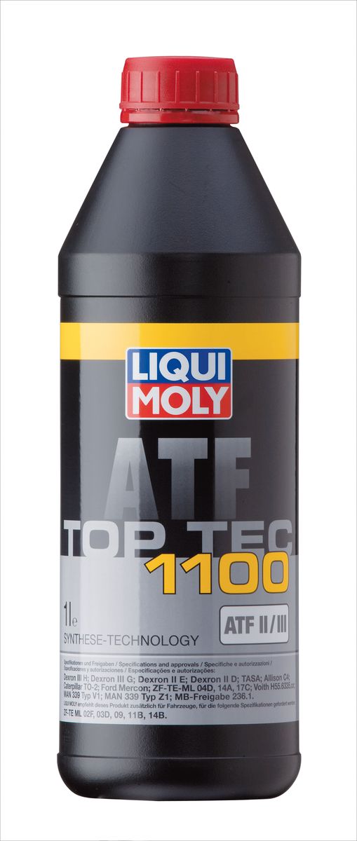 Масло трансмиссионное Liqui Moly Top Tec ATF 1100, НС-синтетическое, 1 л7626 Масло трансмиссионное Liqui Moly Top Tec ATF 1100, НС-синтетическое, 1 л7626Масло трансмиссионное Liqui Moly Top Tec ATF 1100 отвечает требованиям производителей как трансмиссий и гидроусилителей рулевого управления, так и дополнительных навесных агрегатов. HC-синтетическая универсальная жидкость для автоматических и механических трансмиссий легковых и грузовых автомобилей. Обеспечивает безупречную работу агрегатов при любых нагрузках и колебаниях температуры. Top Tec ATF 1100 создана на базе масел HC-синтеза и современного пакета присадок, что гарантирует безупречную работу жидкости при любых нагрузках и колебаниях температуры. Особенности: - Гарантирует высокую температурную стабильность- Обладает максимальной стабильностью к старению- Обеспечивает отличную антикоррозионную защитуДопуск: -Dexron: II D/II E/III G/III H-ATF TASA: (Typ A Suffix A) -ZF: TE-ML 04D/TE-ML 14A/TE-ML 17C-Caterpillar: TO-2-Ford: Mercon-MAN: 339 Typ V1/339 Typ Z1-MB: 236.1-Voith: H55.6335.XX (G 607) -Allison: TES 389/C-4