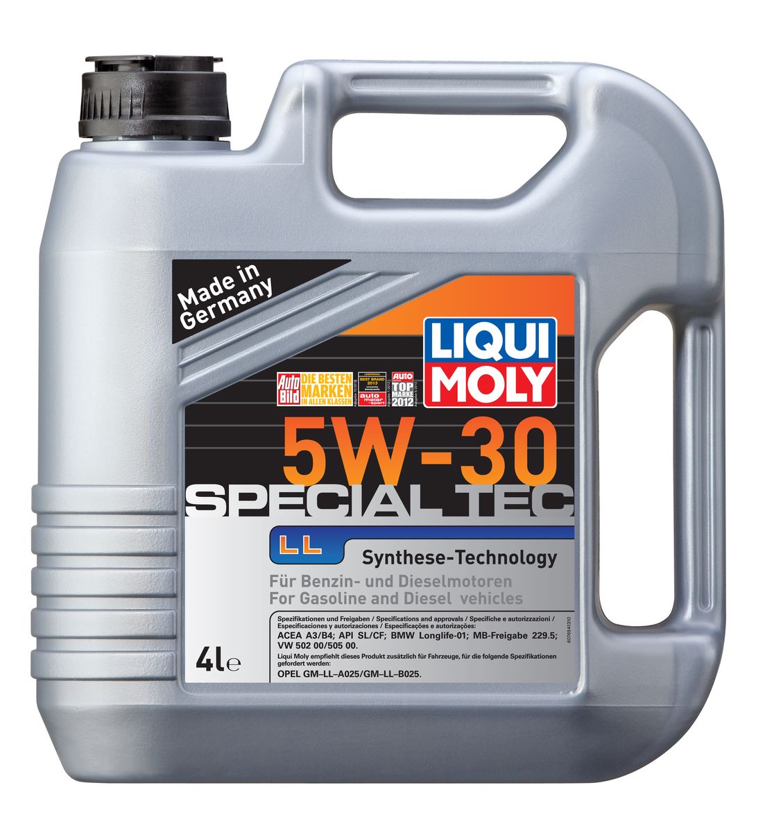 Масло моторное Liqui Moly Special Tec LL, НС-синтетическое, 5W-30, 4 л7654 Масло моторное Liqui Moly Special Tec LL, НС-синтетическое, 5W-30, 4 л7654Масло моторное Liqui Moly Special Tec LL рекомендуется для широкого спектра автомобилей с высочайшими требованиями к свойствам моторного масла, таких как Mercedes-Benz, BMW, VW, Opel. HC-синтетическое всесезонное маловязкое моторное масло произведено по новейшим технологическим требованиям. Удовлетворяет условиям LongLife-сервиса. Масло протестировано на турбированных и оснащенных катализаторами моторах. Может использоваться и в двигателях Opel предыдущих поколений, в которых разрешено применение моторных масел данного класса вязкости. Благодаря комбинации НС-синтетических базовых масел и самых современных присадок моторные масла Special Tec LL обеспечивают высочайший уровень защиты от износа, предотвращают образование и накопление отложений в масляной системе и гарантируют стабильное быстрое поступление масла ко всем деталям двигателя. Масло имеет высокий показатель щелочного числа (TBN > 10,5 мг(KOH)/г), что обеспечивает высочайшие моющие свойства. Особенности: - Высочайшие показатели чистоты двигателя- Быстрое поступление масла к деталям двигателя при низких температурах- Очень высокая защита от износа и надежность смазывания- Очень низкие потери масла на испарение- Экономия топлива и снижение вредных выбросов- Проверено на турбированных двигателях и катализатореДопуск: -API: CF/SL-ACEA: A3/B4-BMW: Longlife-01-MB: 229.5-VW: 502 00/505 00Соответствие: -Opel: GM-LL-A025/GM-LL-B025