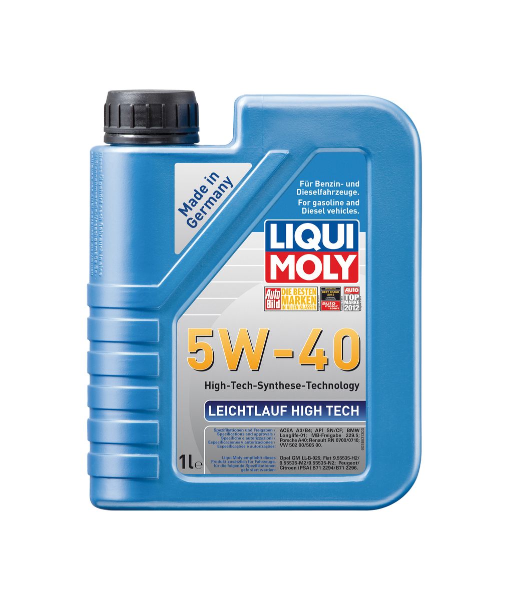Масло моторное Liqui Moly Leichtlauf High Tech, НС-синтетическое, 5W-40, 1 л8028 Масло моторное Liqui Moly Leichtlauf High Tech, НС-синтетическое, 5W-40, 1 л8028Масло моторное Liqui Moly Leichtlauf High Tech - универсальное моторное масло на базе гидрокрекинговой технологии синтеза (HC-синтеза). Удовлетворяет современным требованиям международных стандартов API и ACEA, а также имеет оригинальные допуски таких производителей, как Mercedes-Benz, Volkswagen Group. Масло имеет высокую стабильность к окислению и угару, поэтому может использоваться в нагруженных бензиновых и дизельных двигателях с турбонаддувом и интеркулером. В моторном масле Leichtlauf High Tec 5W-40 используются базовые компоненты, произведенные по новейшим технологиям синтеза и отличающиеся высочайшими защитными свойствами. Масло содержит специальный пакет присадок, который обеспечивает высочайший уровень защиты от износа, предотвращает образование и накопление отложений в масляной системе и гарантирует стабильное поступление масла ко всем деталям двигателя. Особенности: - Быстрое поступление масла к деталям двигателя при низких температурах- Очень высокая защита от износа и надежность смазывания- Очень низкий расход масла- Отличная чистота двигателя- Экономия топлива и снижение вредных выбросов- Проверено на турбированных двигателях и катализатореЗа счет новейших технологий синтеза масла линейки Leichtlauf практически не уступают классической ПАО-синтетике, оставаясь при этом более доступными по цене. Также благодаря наличию оригинальных допусков производителей автомобилей, использование Leichtlauf 5W-40 позволяет сохранить все гарантийные условия при прохождении ТО.Допуск:- API: CF/SN- ACEA: A3/B4- BMW: Longlife-01- MB: 229.5- Porsche: A40- Renault: RN 0700- VW: 502 00/505 00Соответствие:- Chrysler: MS-10725/MS-10850- Fiat: 9.55535-Z2/9.55535-H2/9.55535-M2/9.55535-N2- PSA: B71 2294/B71 2296- Opel: GM-LL-B025