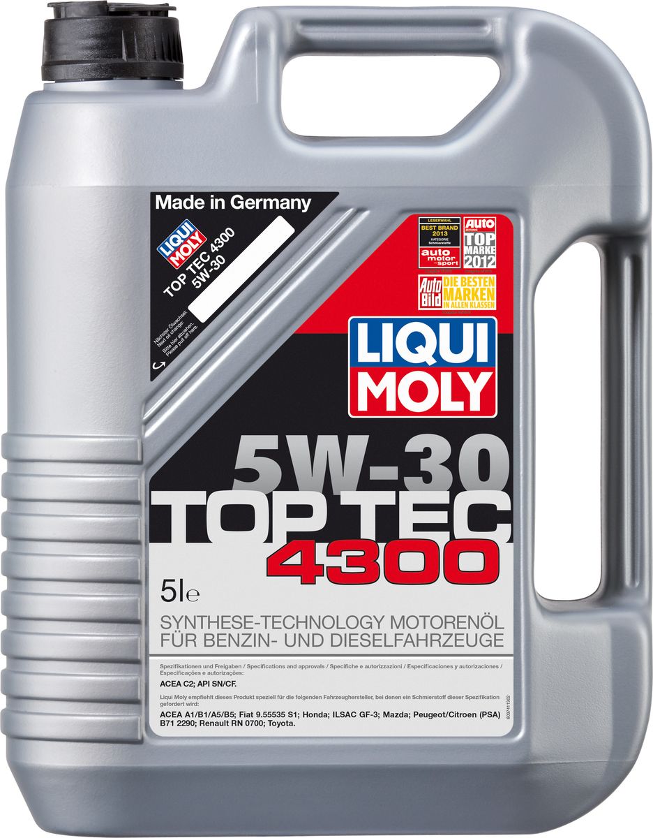 Масло моторное Liqui Moly Top Tec 4300, НС-синтетическое, 5W-30, 5 л8031 Масло моторное Liqui Moly Top Tec 4300, НС-синтетическое, 5W-30, 5 л8031Масло моторное Liqui Moly Top Tec 4300 рекомендуется для бензиновых двигателей Honda с модельного года 2007; для дизельных двигателей Toyota, Fiat модельного года 2008; Peugeot/ Citroen с модельного года 1999. HC-синтетическое малозольное (Mid SAPS) моторное масло для круглогодичного использования в бензиновых и дизельных двигателях легковых автомобилей. Рекомендуется для современных дизельных двигателей с многоступенчатым катализатором и сажевым фильтром (DPF). Отлично подходит для использования в автомобилях, переоборудованных под использование природного и сжиженного газа (CNG/LPG). В моторных маслах Top Tec используются базовые компоненты, произведенные по новейшим технологиям синтеза и отличающиеся высочайшими защитными свойствами. Масла содержат специальный пакет присадок с пониженным содержанием соединений серы, фосфора и хлора, что обеспечивает совместимость со специфическими системами нейтрализации и обеспечивает минимальные выбросы вредных веществ. Особенности: - Сокращает вредные выбросы- Совместимо с новейшими системами нейтрализации выхлопных газов- Быстрое поступление масла к трущимся деталям при низких температурах- Высокая защита двигателя от износа- Обеспечивает чистоту двигателяДопуск: -API: CF/SN-ACEA: C2