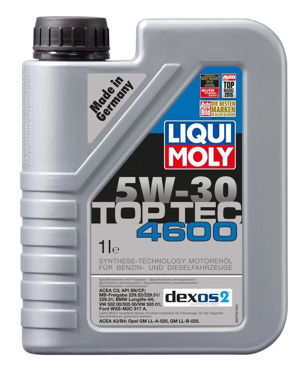 Масло моторное Liqui Moly Top Tec 4600, НС-синтетическое, 5W-30, 1 л8032 Масло моторное Liqui Moly Top Tec 4600, НС-синтетическое, 5W-30, 1 л8032Масло моторное Liqui Moly Top Tec 4600 обладает именными допусками концернов GM (dexos2), Ford, VW, BMW, Mercedes-Benz. В 2015 году получило новейший допуск Mercedes-Benz 229.52 для двигателей EURO 5/6, что позволило полностью заменить в программе выпуска моторное масло Top Tec 4700 5W-30. HC-синтетическое малозольное (Mid SAPS) моторное масло для круглогодичного использования в бензиновых и дизельных двигателях легковых автомобилей. Рекомендуется для современных дизельных двигателей с многоступенчатым катализатором и сажевым фильтром (DPF). Отлично подходит для использования в автомобилях, переоборудованных под использование природного и сжиженного газа (CNG/LPG). В моторных маслах Top Tec используются базовые компоненты, произведенные по новейшим технологиям синтеза и отличающиеся высочайшими защитными свойствами. Масла содержат специальный пакет присадок с пониженным содержанием соединений серы, фосфора и хлора, что обеспечивает совместимость со специфическими системами нейтрализации и обеспечивает минимальные выбросы вредных веществ. Особенности: - Сокращает вредные выбросы- Совместимо с новейшими системами нейтрализации выхлопных газов- Быстрое поступление масла к трущимся деталям при низких температурах- Высокая защита двигателя от износа- Обеспечивает чистоту двигателяБлагодаря наличию оригинальных допусков производителей автомобилей, использование данного масла позволяет сохранить все гарантийные условия при прохождении ТО. Допуск: -API: CF/SN-ACEA: C3-BMW: Longlife-04-GM: dexos2