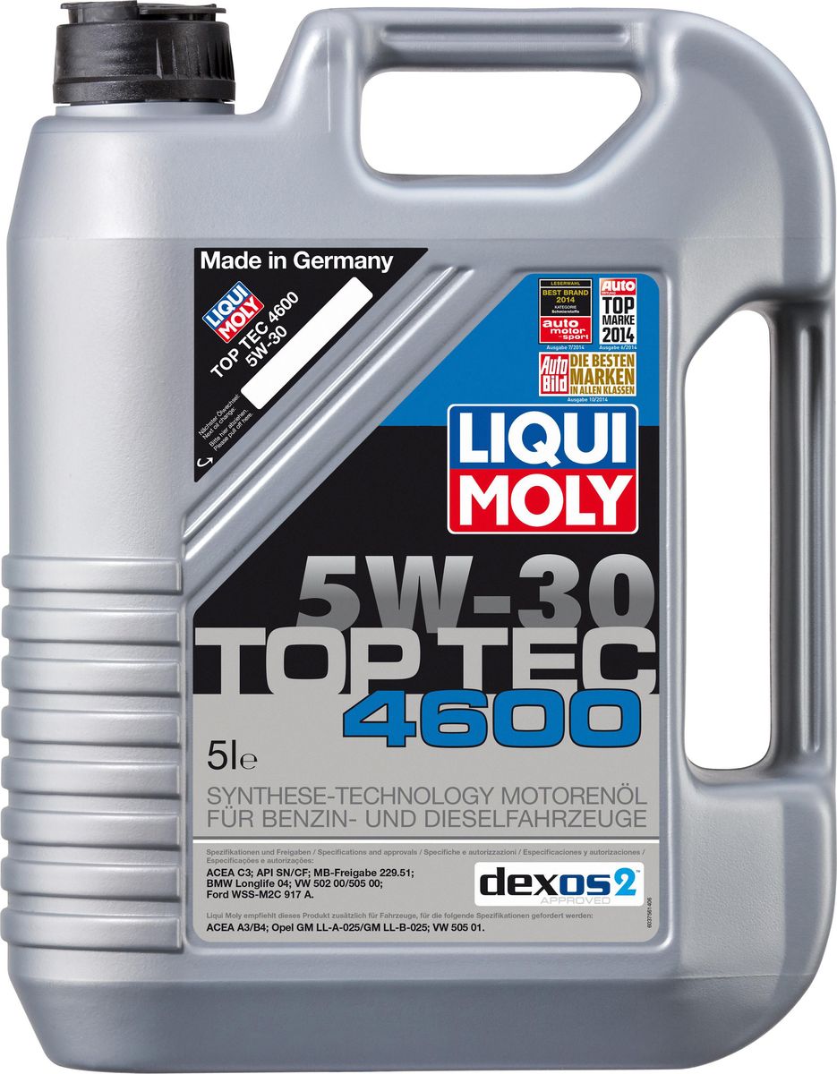 Масло моторное Liqui Moly Top Tec 4600, НС-синтетическое, 5W-30, 5 л8033 Масло моторное Liqui Moly Top Tec 4600, НС-синтетическое, 5W-30, 5 л8033Масло моторное Liqui Moly Top Tec 4600 обладает именными допусками концернов GM (dexos2), Ford, VW, BMW, Mercedes-Benz. В 2015 году получило новейший допуск Mercedes-Benz 229.52 для двигателей EURO 5/6, что позволило полностью заменить в программе выпуска моторное масло Top Tec 4700 5W-30. HC-синтетическое малозольное (Mid SAPS) моторное масло для круглогодичного использования в бензиновых и дизельных двигателях легковых автомобилей. Рекомендуется для современных дизельных двигателей с многоступенчатым катализатором и сажевым фильтром (DPF). Отлично подходит для использования в автомобилях, переоборудованных под использование природного и сжиженного газа (CNG/LPG). В моторных маслах Top Tec используются базовые компоненты, произведенные по новейшим технологиям синтеза и отличающиеся высочайшими защитными свойствами. Масла содержат специальный пакет присадок с пониженным содержанием соединений серы, фосфора и хлора, что обеспечивает совместимость со специфическими системами нейтрализации и обеспечивает минимальные выбросы вредных веществ. Особенности: - Сокращает вредные выбросы- Совместимо с новейшими системами нейтрализации выхлопных газов- Быстрое поступление масла к трущимся деталям при низких температурах- Высокая защита двигателя от износа- Обеспечивает чистоту двигателяБлагодаря наличию оригинальных допусков производителей автомобилей, использование данного масла позволяет сохранить все гарантийные условия при прохождении ТО. Допуск: -API: CF/SN-ACEA: C3-BMW: Longlife-04-GM: dexos2