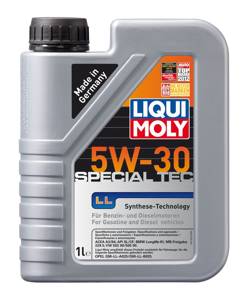 Масло моторное Liqui Moly Special Tec LL, НС-синтетическое, 5W-30, 1 л8054 Масло моторное Liqui Moly Special Tec LL, НС-синтетическое, 5W-30, 1 л8054Масло моторное Liqui Moly Special Tec LL рекомендуется для широкого спектра автомобилей с высочайшими требованиями к свойствам моторного масла, таких как Mercedes-Benz, BMW, VW, Opel. HC-синтетическое всесезонное маловязкое моторное масло произведено по новейшим технологическим требованиям. Удовлетворяет условиям LongLife-сервиса. Масло протестировано на турбированных и оснащенных катализаторами моторах. Может использоваться и в двигателях Opel предыдущих поколений, в которых разрешено применение моторных масел данного класса вязкости. Благодаря комбинации НС-синтетических базовых масел и самых современных присадок моторные масла Special Tec LL обеспечивают высочайший уровень защиты от износа, предотвращают образование и накопление отложений в масляной системе и гарантируют стабильное быстрое поступление масла ко всем деталям двигателя. Масло имеет высокий показатель щелочного числа (TBN > 10,5 мг(KOH)/г), что обеспечивает высочайшие моющие свойства. Особенности: - Высочайшие показатели чистоты двигателя- Быстрое поступление масла к деталям двигателя при низких температурах- Очень высокая защита от износа и надежность смазывания- Очень низкие потери масла на испарение- Экономия топлива и снижение вредных выбросов- Проверено на турбированных двигателях и катализатореДопуск: -API: CF/SL-ACEA: A3/B4-BMW: Longlife-01-MB: 229.5-VW: 502 00/505 00Соответствие: -Opel: GM-LL-A025/GM-LL-B025