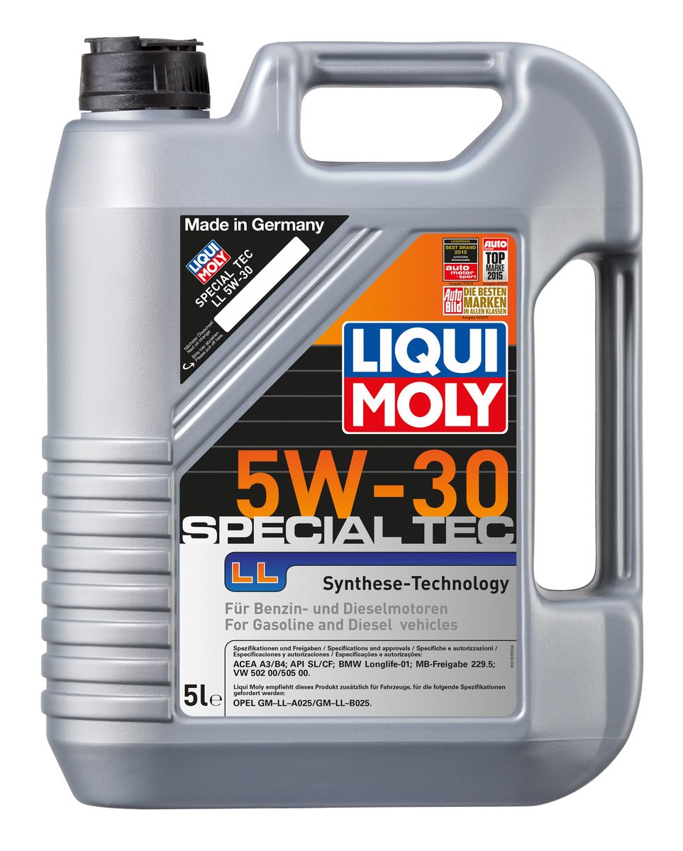 Масло моторное Liqui Moly Special Tec LL, НС-синтетическое, 5W-30, 5 л8055 Масло моторное Liqui Moly Special Tec LL, НС-синтетическое, 5W-30, 5 л8055Масло моторное Liqui Moly Special Tec LL рекомендуется для широкого спектра автомобилей с высочайшими требованиями к свойствам моторного масла, таких как Mercedes-Benz, BMW, VW, Opel. HC-синтетическое всесезонное маловязкое моторное масло произведено по новейшим технологическим требованиям. Удовлетворяет условиям LongLife-сервиса. Масло протестировано на турбированных и оснащенных катализаторами моторах. Может использоваться и в двигателях Opel предыдущих поколений, в которых разрешено применение моторных масел данного класса вязкости. Благодаря комбинации НС-синтетических базовых масел и самых современных присадок моторные масла Special Tec LL обеспечивают высочайший уровень защиты от износа, предотвращают образование и накопление отложений в масляной системе и гарантируют стабильное быстрое поступление масла ко всем деталям двигателя. Масло имеет высокий показатель щелочного числа (TBN > 10,5 мг(KOH)/г), что обеспечивает высочайшие моющие свойства. Особенности: - Высочайшие показатели чистоты двигателя- Быстрое поступление масла к деталям двигателя при низких температурах- Очень высокая защита от износа и надежность смазывания- Очень низкие потери масла на испарение- Экономия топлива и снижение вредных выбросов- Проверено на турбированных двигателях и катализатореДопуск: -API: CF/SL-ACEA: A3/B4-BMW: Longlife-01-MB: 229.5-VW: 502 00/505 00Соответствие: -Opel: GM-LL-A025/GM-LL-B025