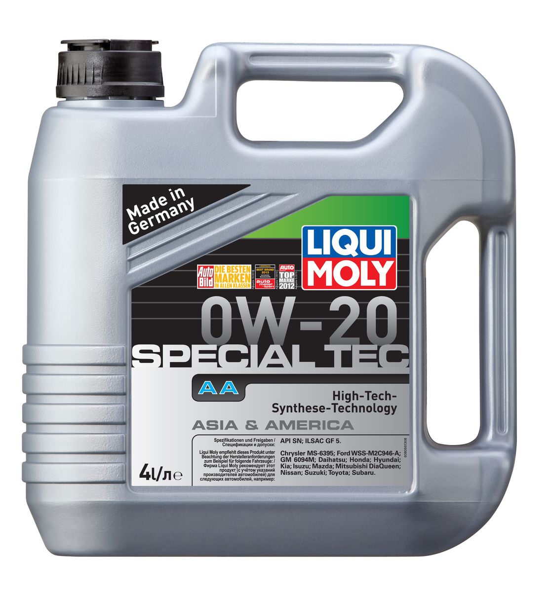 Масло моторное Liqui Moly Special Tec AA, НС-синтетическое, 0W-20, 4 л8066 Масло моторное Liqui Moly Special Tec AA, НС-синтетическое, 0W-20, 4 л8066Масло моторное Liqui Moly Special Tec AA рекомендуется для автомобилей Honda, Mazda, Mitsubishi, Nissan, Daihatsu, Hyundai, Kia, Isuzu, Suzuki, Toyota, Subaru, Ford, Chrysler, GM. Современное HC-синтетическое энергосберегающее моторное масло специально предназначено для всесезонного использования в двигателях американских и азиатских автомобилей. Благодаря отличным низкотемпературным свойствам в соответствии с классом вязкости 0W-20 данное масло отлично подходит для новейших двигателей Honda и гибридных автомобилей концерна Toyota, произведенных для японского и американского рынков. Базовые масла, полученные по технологии синтеза, и новейшие присадки составляют рецептуру моторного масла с отменной защитой от износа, снижающего расход топлива и масла, обеспечивающего чистоту двигателя и максимально быстрое поступление к трущимся деталям. Особенности: - Отличные пусковые свойства в мороз- Быстрое поступление масла ко всем деталям двигателя при низких температурах- Высочайшие показатели топливной экономии- Сокращает эмиссию выхлопных газов- Отличная чистота двигателя- Совместимо с новейшими системами нейтрализации отработавших газов бензиновых двигателейДопуск: -API: SN-ILSAC: GF-5Соответствие: -Chrysler: MS-6395-Ford: WSS-M2C946-A-GM: 6094 M-Daihatsu: Daihatsu-Honda: Honda-Hyundai: Hyundai-Kia: Kia-Isuzu: Isuzu-Mazda: Mazda-Mitsubishi: Mitsubishi-Nissan: Nissan-Suzuki: Suzuki-Toyota: Toyota-Subaru: Subaru