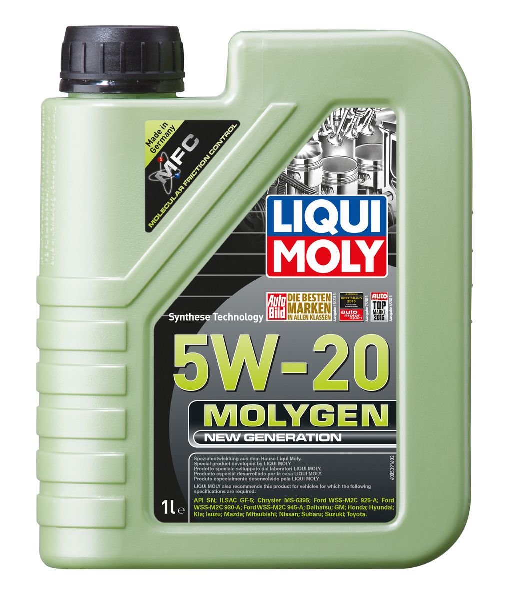 Масло моторное Liqui Moly Molygen New Generation, НС-синтетическое, 5W-20, 1 л8539 Масло моторное Liqui Moly Molygen New Generation, НС-синтетическое, 5W-20, 1 л8539Масло моторное Liqui Moly Molygen New Generation - это маловязкое моторное масло на базе HC-синтетической технологии с фирменным антифрикционным пакетом присадок Molygen, созданным на основе новейшей технологии Molecular Friction Control. Для самых современных автомобилей американского и азиатского рынка, в частности Honda, Toyota, Ford, Chrisler. Экономит до 7% топлива и существенно продлевает ресурс двигателя. Моторное масло удовлетворяет самым современным спецификациям API SN и ILSAC GF-5 и имеет энергосберегающий класс вязкости 5W-20. Особенности: - Наивысшая защита от износа- Высочайшие показатели топливной экономии- Быстрое поступление масла ко всем деталям двигателя при низких температурах- Сокращает эмиссию выхлопных газов- Отличная чистота двигателя- Совместимо с современными системами нейтрализации отработавших газов бензиновых двигателей- Очень низкий расход масла- Цветовой индикатор утечек, видимый в УФ-лучахМоторное масло Molygen NG 5W-20 благодаря новейшей формуле MFC позволяет существенно увеличить ресурс двигателя и сэкономить за счет снижения расхода топлива. Помогает локализовать утечки. Соответствия и допуски:- API: SN- ILSAC: GF-5- Chrysler: MS-6395- Ford: WSS-M2C945-A/WSS-M2C930-A- GM: GM- Honda: Honda- Hyundai: Hyundai- Kia: Kia- Isuzu: Isuzu- Mazda: Mazda- Mitsubishi: Mitsubishi- Nissan: Nissan- Suzuki: Suzuki- Toyota: Toyota- Subaru: Subaru