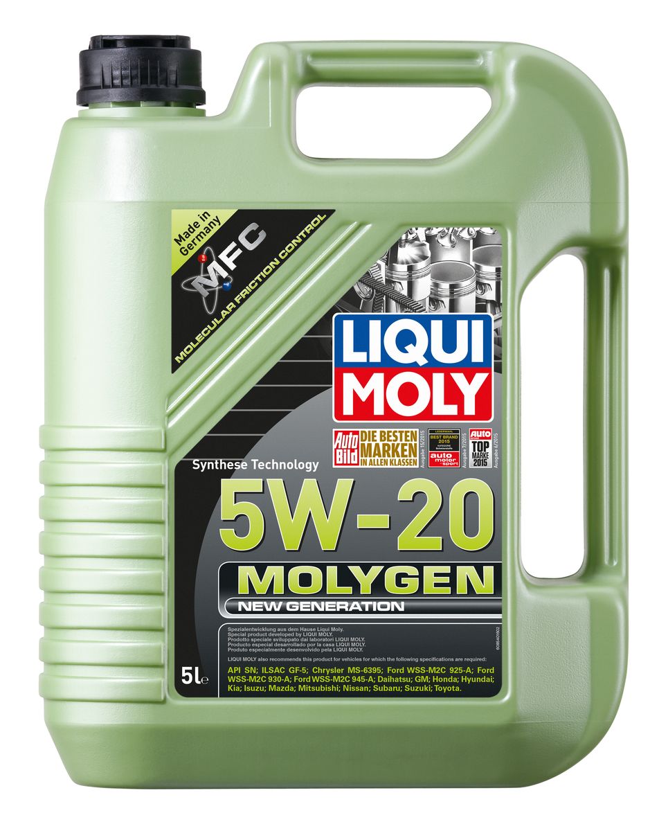 Масло моторное Liqui Moly Molygen New Generation, НС-синтетическое, 5W-20, 5 л8540 Масло моторное Liqui Moly Molygen New Generation, НС-синтетическое, 5W-20, 5 л8540Масло моторное Liqui Moly Molygen New Generation - это маловязкое моторное масло на базе HC-синтетической технологии с фирменным антифрикционным пакетом присадок Molygen, созданным на основе новейшей технологии Molecular Friction Control. Для самых современных автомобилей американского и азиатского рынка, в частности Honda, Toyota, Ford, Chrisler. Экономит до 7% топлива и существенно продлевает ресурс двигателя. Моторное масло удовлетворяет самым современным спецификациям API SN и ILSAC GF-5 и имеет энергосберегающий класс вязкости 5W-20. Особенности: - Наивысшая защита от износа- Высочайшие показатели топливной экономии- Быстрое поступление масла ко всем деталям двигателя при низких температурах- Сокращает эмиссию выхлопных газов- Отличная чистота двигателя- Совместимо с современными системами нейтрализации отработавших газов бензиновых двигателей- Очень низкий расход масла- Цветовой индикатор утечек, видимый в УФ-лучахМоторное масло Molygen NG 5W-20 благодаря новейшей формуле MFC позволяет существенно увеличить ресурс двигателя и сэкономить за счет снижения расхода топлива. Помогает локализовать утечки.Соответствия и допуски:- API: SN- ILSAC: GF-5- Chrysler: MS-6395- Ford: WSS-M2C945-A/WSS-M2C930-A- GM: GM- Honda: Honda- Hyundai: Hyundai- Kia: Kia- Isuzu: Isuzu- Mazda: Mazda- Mitsubishi: Mitsubishi- Nissan: Nissan- Suzuki: Suzuki- Toyota: Toyota- Subaru: Subaru
