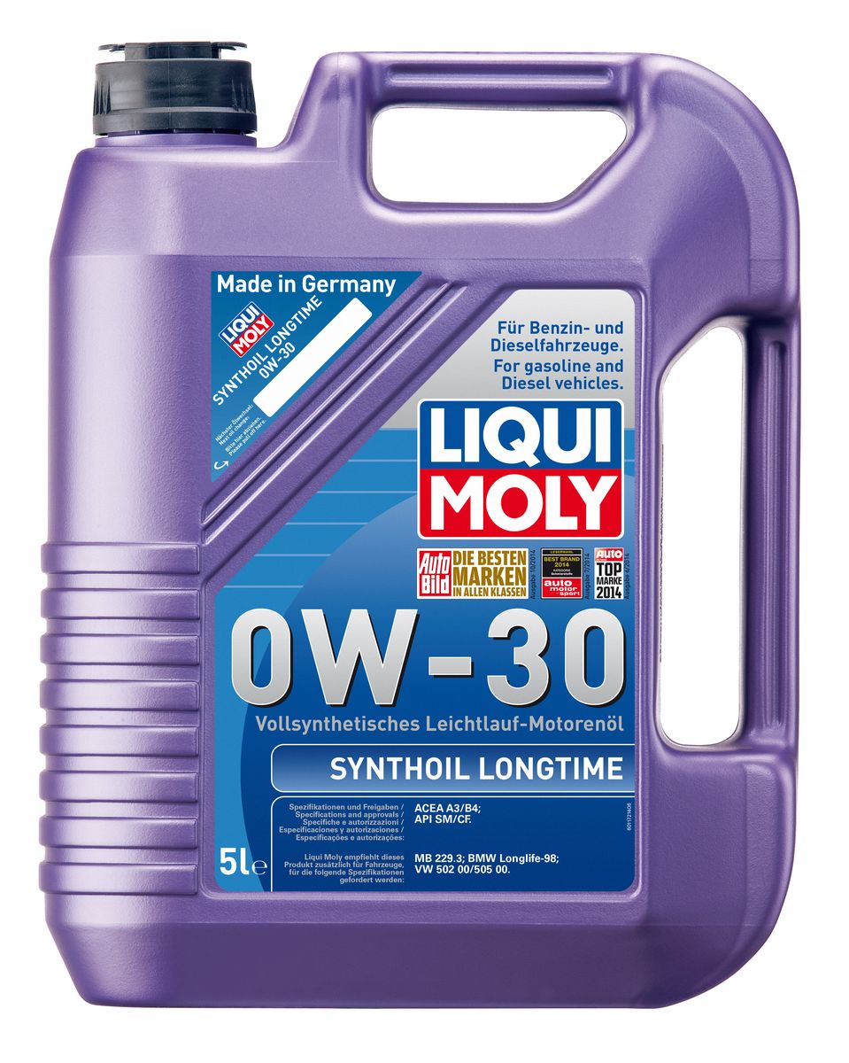 Масло моторное Liqui Moly Synthoil Longtime, синтетическое, 0W-30, 5 л8977 Масло моторное Liqui Moly Synthoil Longtime, синтетическое, 0W-30, 5 л8977Масло моторное Liqui Moly Synthoil Longtime - 100% синтетическое универсальное моторное масло на базе полиальфаолефинов (ПАО) для большинства автомобилей, для которых требования к маслам опираются на международные классификации API и ACEA. Класс вязкости 0W-30 моторного масла на ПАО-базе оптимален для эксплуатации в холодных условиях, обеспечивая уверенный пуск двигателя даже в сильный мороз и высокий уровень энергосбережения (и экономии топлива). Особенности: - Отличные пусковые свойства в мороз- Быстрое поступление масла ко всем деталям двигателя при низких температурах- Высокие показатели по экономии топлива- Высокая смазывающая способность- Замечательная термоокислительная стабильность и устойчивость к старению- Оптимальная чистота двигателя- Протестировано и совместимо с катализаторами и турбонаддувом- Высокая стабильность при высоких температурах- Очень низкий расход масла Допуск: -API: CF/SM-ACEA: A3/B4Соответствие: -BMW: Longlife-98-MB: 229.3-VW: 502 00/505 00