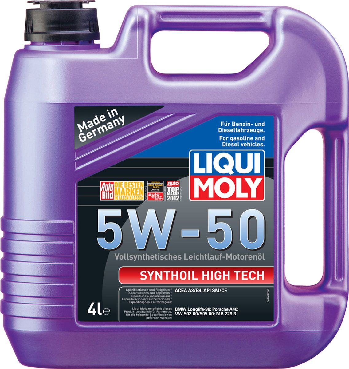 Масло моторное Liqui Moly Synthoil High Tech, синтетическое, 5W-50, 4 л9067 Масло моторное Liqui Moly Synthoil High Tech, синтетическое, 5W-50, 4 л9067Масло моторное Liqui Moly Synthoil High Tech - 100% синтетическое универсальное моторное масло на базе полиальфаолефинов (ПАО) для большинства автомобилей, для которых требования к маслам опираются на международные классификации API и ACEA. В сочетании с вязкостью 5W-50 моторное масло обеспечивает надежную защиту двигателя в нагруженном высокотемпературном режиме: в жарких условиях, пробках, при агрессивном стиле вождения. Использование современных, полностью синтетических базовых масел (ПАО) и передовых технологий в области разработок присадок гарантирует низкую вязкость масла при низких температурах, высокую надежность масляной пленки. Моторные масла линейки Synthoil предотвращают образование отложений в двигателе, снижают трение и надежно защищают от износа. Особенности: - Очень высокая стабильность к повышенным эксплуатационным температурам- Очень низкий расход масла- Быстрое поступление масла ко всем деталям двигателя при низких температурах- Высокая смазывающая способность- Замечательная термоокислительная стабильность и устойчивость к старению- Оптимальная чистота двигателя- Протестировано и совместимо с катализаторами и турбонаддувомДопуск: -API: CF/SM-ACEA: A3/B4