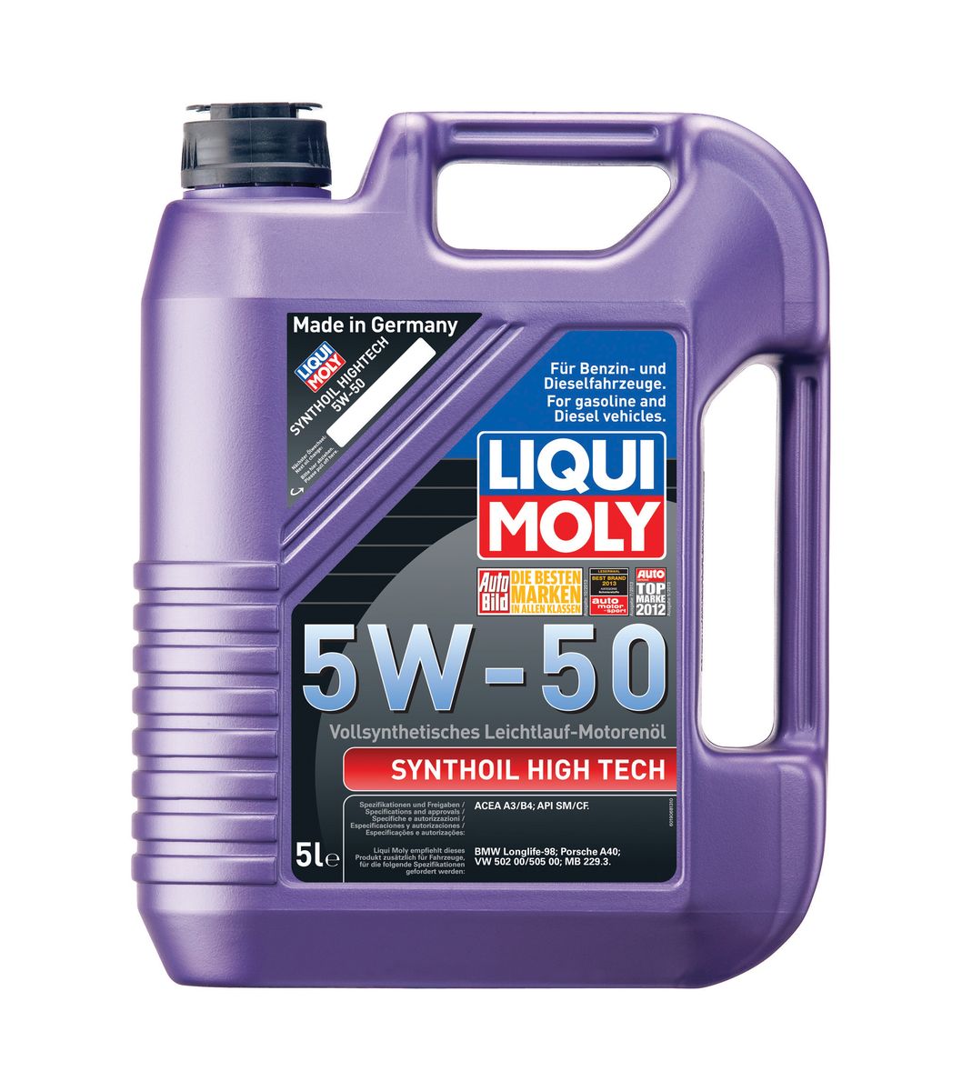 Масло моторное Liqui Moly Synthoil High Tech, синтетическое, 5W-50, 5 л9068 Масло моторное Liqui Moly Synthoil High Tech, синтетическое, 5W-50, 5 л9068Масло моторное Liqui Moly Synthoil High Tech - 100% синтетическое универсальное моторное масло на базе полиальфаолефинов (ПАО) для большинства автомобилей, для которых требования к маслам опираются на международные классификации API и ACEA. В сочетании с вязкостью 5W-50 моторное масло обеспечивает надежную защиту двигателя в нагруженном высокотемпературном режиме: в жарких условиях, пробках, при агрессивном стиле вождения. Использование современных, полностью синтетических базовых масел (ПАО) и передовых технологий в области разработок присадок гарантирует низкую вязкость масла при низких температурах, высокую надежность масляной пленки. Моторные масла линейки Synthoil предотвращают образование отложений в двигателе, снижают трение и надежно защищают от износа. Особенности: - Очень высокая стабильность к повышенным эксплуатационным температурам- Очень низкий расход масла- Быстрое поступление масла ко всем деталям двигателя при низких температурах- Высокая смазывающая способность- Замечательная термоокислительная стабильность и устойчивость к старению- Оптимальная чистота двигателя- Протестировано и совместимо с катализаторами и турбонаддувомДопуск: -API: CF/SM-ACEA: A3/B4