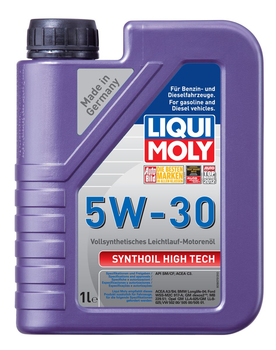 Масло моторное Liqui Moly Synthoil High Tech, синтетическое, 5W-30, 1 л9075 Масло моторное Liqui Moly Synthoil High Tech, синтетическое, 5W-30, 1 л9075Масло моторное Liqui Moly Synthoil High Tech - 100% синтетическое универсальное моторное масло на базе полиальфаолефинов (ПАО) для большинства автомобилей, для которых требования к маслам опираются на международные классификации API и ACEA. Популярнейший класс вязкости для всех современных автомобилях. Благодаря новейшему классу ACEA C3 моторное масло отлично подходит для автомобилей с сажевыми фильтрами. Использование современных, полностью синтетических базовых масел (ПАО) и передовых технологий в области разработок присадок гарантирует низкую вязкость масла при низких температурах, высокую надежность масляной пленки. Моторные масла линейки Synthoil предотвращают образование отложений в двигателе, снижают трение и надежно защищают от износа. Особенности: - Быстрое поступление масла к трущимся деталям при низких температурах- Высокая защита двигателя от износа- Замечательная термоокислительная стабильность и устойчивость к старению- Обеспечивает чистоту двигателя- Очень низкий расход масла- Совместимо с новейшими системами нейтрализации выхлопных газов- Сокращает вредные выбросыДопуск: -API: CF/SM-ACEA: C3