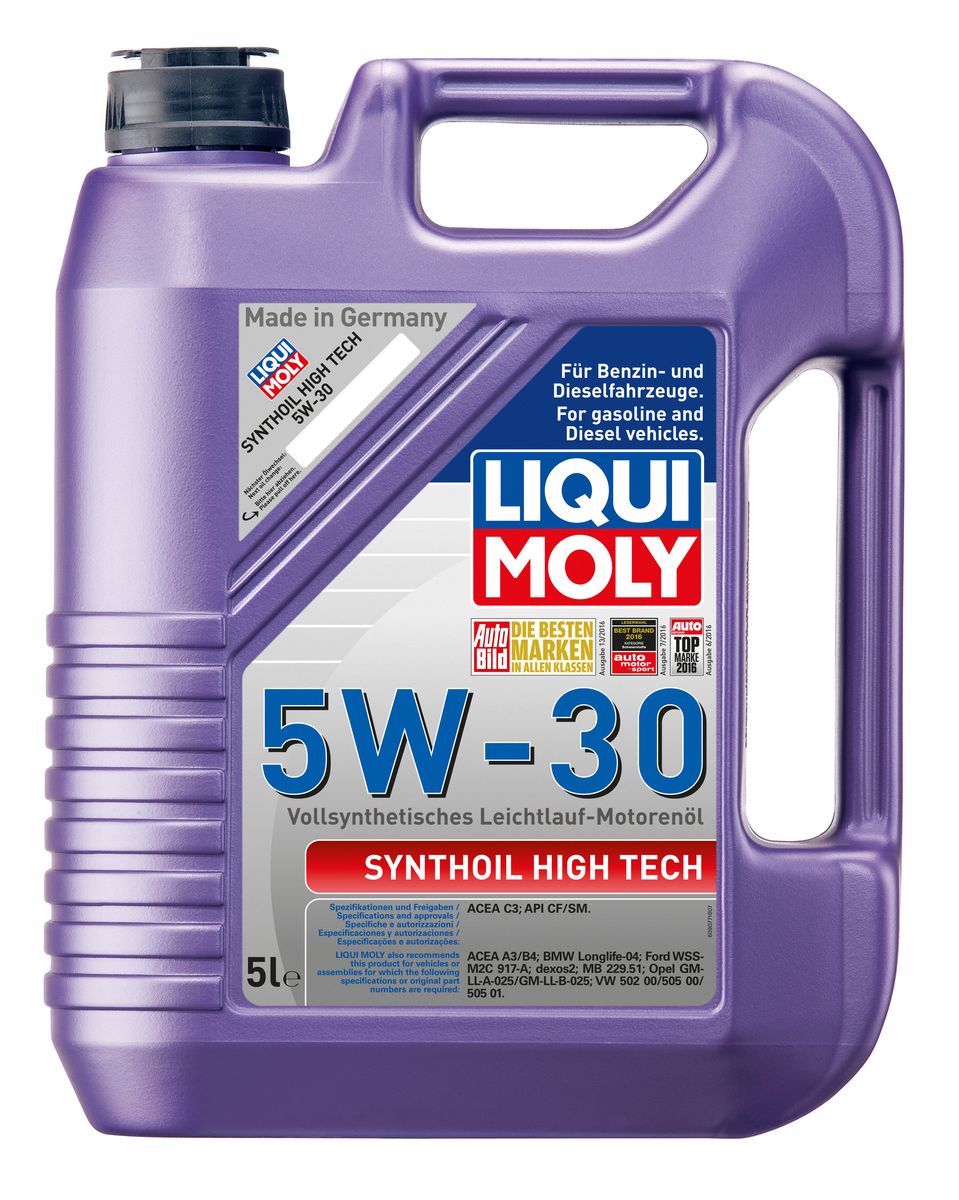 Масло моторное Liqui Moly Synthoil High Tech, синтетическое, 5W-30, 5 л9077 Масло моторное Liqui Moly Synthoil High Tech, синтетическое, 5W-30, 5 л9077Масло моторное Liqui Moly Synthoil High Tech - 100% синтетическое универсальное моторное масло на базе полиальфаолефинов (ПАО) для большинства автомобилей, для которых требования к маслам опираются на международные классификации API и ACEA. Популярнейший класс вязкости для всех современных автомобилях. Благодаря новейшему классу ACEA C3 моторное масло отлично подходит для автомобилей с сажевыми фильтрами. Использование современных, полностью синтетических базовых масел (ПАО) и передовых технологий в области разработок присадок гарантирует низкую вязкость масла при низких температурах, высокую надежность масляной пленки. Моторные масла линейки Synthoil предотвращают образование отложений в двигателе, снижают трение и надежно защищают от износа. Особенности: - Быстрое поступление масла к трущимся деталям при низких температурах- Высокая защита двигателя от износа- Замечательная термоокислительная стабильность и устойчивость к старению- Обеспечивает чистоту двигателя- Очень низкий расход масла- Совместимо с новейшими системами нейтрализации выхлопных газов- Сокращает вредные выбросыДопуск: -API: CF/SM-ACEA: C3