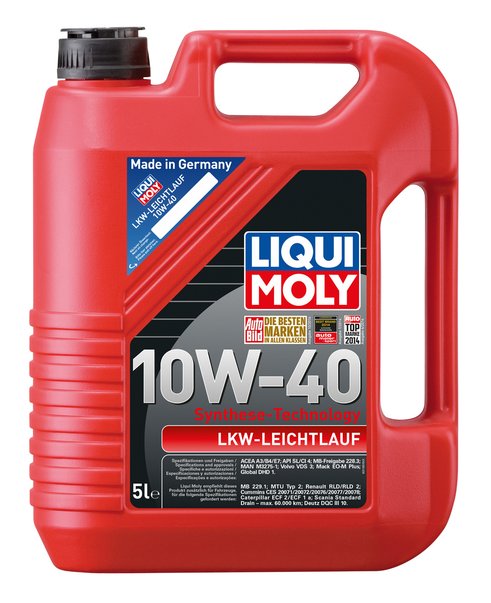 Масло моторное Liqui Moly LKW-Leichtlauf-Motoroil Basic, НС-синтетическое, 10W-40, 5 л8026 Масло моторное Liqui Moly LKW-Leichtlauf-Motoroil Basic, НС-синтетическое, 10W-40, 5 л8026Масло моторное Liqui Moly LKW-Leichtlauf-Motoroil Basic отвечает требованиям международных классификаций моторных масел как для грузовых, так и для легковых автомобилей. Обладает именными допусками для стандартных интервалов замены в современных дизельных двигателях европейских производителей грузовых автомобилей, таких как Mercedes-Benz, MAN, VOLVO, Renault. HC-синтетическое всесезонное моторное масло для использования смешанных парков техники, рассчитанной на использование универсальных масел. Масло гарантирует надежную защиту от износа. В моторном масле LKW-Leichtlauf-Motoroil Basic используются базовые компоненты, произведенные по новейшим технологиям синтеза и отличающиеся хорошей стойкостью к старению и отличными защитными свойствами. Масла содержат специальный пакет присадок, что обеспечивает возможность применения как в дизельных, так и в бензиновых двигателях. Особенности: - Применимо для смешанных парков техники- Надежная защита двигателя от износа- Хорошая прокачиваемость при низких температурах- Обеспечивает чистоту двигателяДопуск: -API: CI-4/SL-ACEA: A3/B4/E7-Global: DHD-1-Mack: EO-M Plus-MAN: M 3275-1-MB: 228.3-Volvo: VDS-3