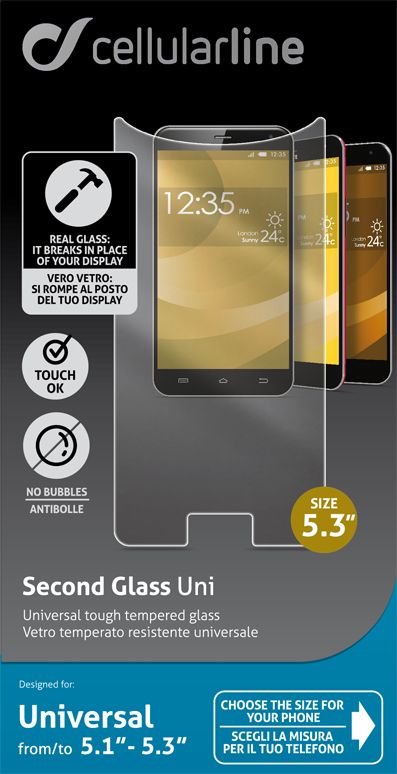 Cellular Line универсальное защитное стекло для устройств с диагональю 5.1-5.3TEMPGLASBUNI53 Cellular Line универсальное защитное стекло для устройств с диагональю 5.1-5.3TEMPGLASBUNI53Универсальное защитное стекло Cellular Line обеспечивает надежную защиту сенсорного экрана устройства от большинства механических повреждений и сохраняет первоначальный вид дисплея, его цветопередачу и управляемость. В случае падения стекло амортизирует удар, позволяя сохранить экран целым и избежать дорогостоящего ремонта. Стекло обладает особой структурой, которая держится на экране без клея и сохраняет его чистым после удаления. Силиконовый слой предотвращает разлет осколков при ударе.