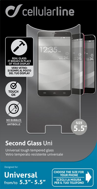 Cellular Line универсальное защитное стекло для устройств с диагональю 5.3-5.5TEMPGLASBUNI55 Cellular Line универсальное защитное стекло для устройств с диагональю 5.3-5.5TEMPGLASBUNI55Универсальное защитное стекло Cellular Line обеспечивает надежную защиту сенсорного экрана устройства от большинства механических повреждений и сохраняет первоначальный вид дисплея, его цветопередачу и управляемость. В случае падения стекло амортизирует удар, позволяя сохранить экран целым и избежать дорогостоящего ремонта. Стекло обладает особой структурой, которая держится на экране без клея и сохраняет его чистым после удаления. Силиконовый слой предотвращает разлет осколков при ударе.