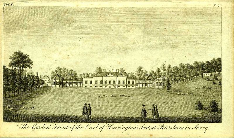 Англия. Сад перед поместьем графов Харрингтонов в Сарри. Резцовая гравюра. Англия, Лондон, 1776 год