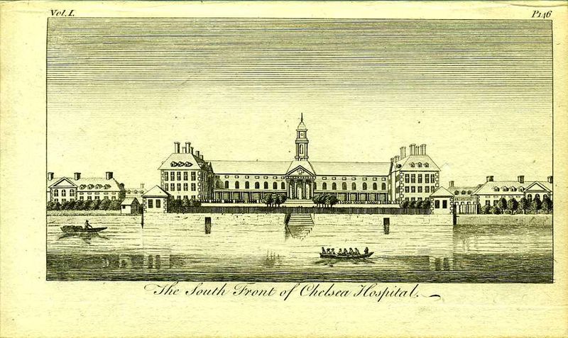 Англия. Королевский военный госпиталь в Челси. Южный фасад. Резцовая гравюра. Англия, Лондон, 1776 год