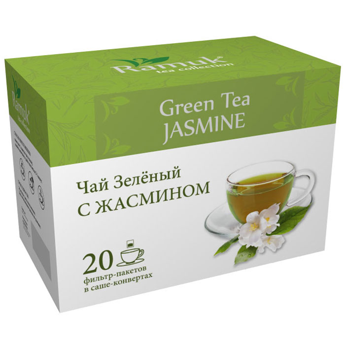 Ramuk чай зеленый с жасмином в пакетиках, 20 шт00-00000390 Ramuk чай зеленый с жасмином в пакетиках, 20 шт00-00000390Чай зеленый с цветками жасмина имеет утонченный сладкий аромат, это самый популярный душистый чай в Китае. Считается, что жасмин принесен в Китай из Персии в глубокой древности - во II—V веках. Он выращивается на большой высоте на горных плантациях. В качестве производителей жасминового чая, наиболее известны китайские провинции Хунань, Цзянсу, Гуандун, Гуанси, и Чжэцзян. Наилучшей репутацией пользуется чай из провинции Фуцзянь.