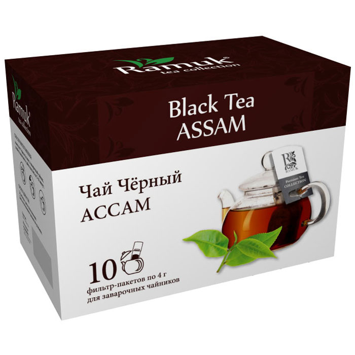 Ramuk чай черный Assam в пакетиках, 10 шт00-00000394 Ramuk чай черный Assam в пакетиках, 10 шт00-00000394Ассаамский чай (Assam) - сорт черного крупнолистового чая, выращиваемого на северо-востоке Индии в долине реки Брахмапутры. Ассам легко узнать по специфическому, пряному, немного цветочному аромату с необычными для черного чая медовыми нотками. Прекрасно сочетается с молоком, сахаром и лимоном, но для более полного удовольствия от ассамовского послевкусия, лучше этого избежать. В Великобритании Ассам употребляется в качестве чая к завтраку (англ. breakfast tea).
