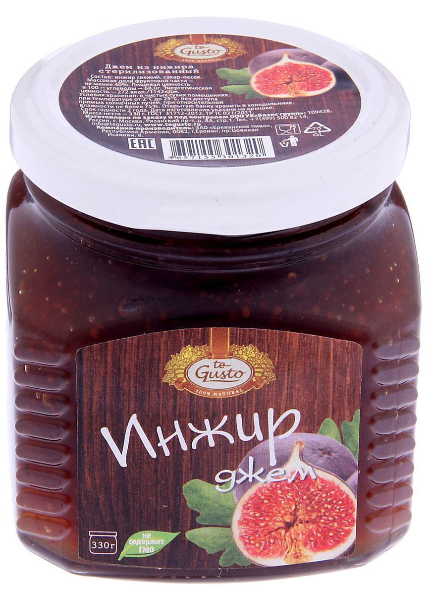 te Gusto Джем из инжира, 330 г4657155301320 te Gusto Джем из инжира, 330 г4657155301320Ароматный джем te Gusto изготовлен из инжира, имеет желеобразную консистенцию с крупными кусочками фруктов. Для приготовления используются только свежие, тщательно отобранные плоды, созревшие в экологически чистых местах.Продукт не содержит ГМО. Инжир - это богатый источник триптофана, который очень необходим для оптимального функционирования мозга человека и сохранения нормального психического состояния. Ученые считают, что при достаточном его употреблении, в организме человека приостанавливается старение клеток.