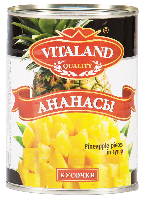 Vitaland ананасы кусочки, 580 мл4041811017418 Vitaland ананасы кусочки, 580 мл4041811017418Кусочки ананасов слегка подслащены в сиропе.