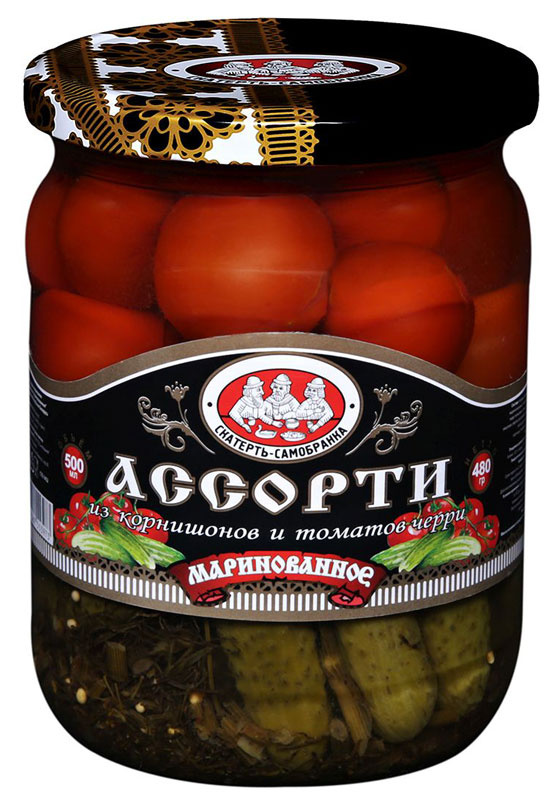 Скатерть-Самобранка ассорти корнишоны и черри, 500 мл4607067553973 Скатерть-Самобранка ассорти корнишоны и черри, 500 мл4607067553973Маринованное ассорти из корнишонов и томатов черри с зеленью.