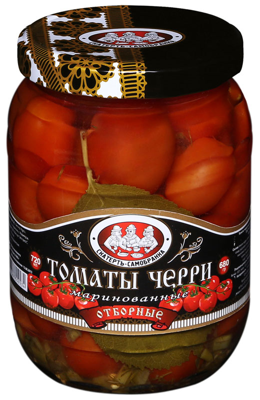 Скатерть-Самобранка черри маринованные, 720 мл4607067559234 Скатерть-Самобранка черри маринованные, 720 мл4607067559234Томаты черри маринованные с зеленью Скатерть-Самобранка станут превосходной закуской на праздничном столе. Их можно подавать с картофельным или другими овощными гарнирами, с блюдами из мяса и птицы.
