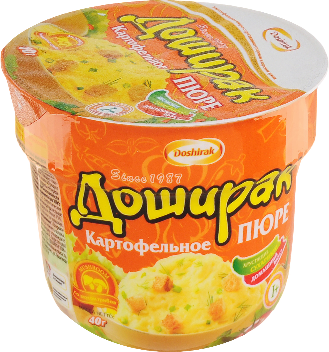 Doshirak пюре картофельное быстрого приготовления со вкусом грибов, в стакане, 40 г4607065580285 Doshirak пюре картофельное быстрого приготовления со вкусом грибов, в стакане, 40 г4607065580285Картофельное пюре быстрого приготовления залить кипятком до нижнего ободка, тщательно перемешать, закрыть крышкой и подождать 5 минут. Еще раз тщательно перемешать. Пюре готово! Приятного аппетита!