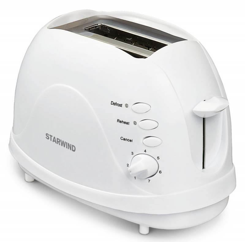 Starwind SET2571, White тостерSET2571 Starwind SET2571, White тостерSET2571Тостер Starwind SET2571 позволяет обжаривать, разогревать и размораживать до двух ломтиков хлеба одновременно.Модель имеет семь уровней нагрева и функцию отмены, которая помогает избежать пригорания тостов. Съемный поддон для крошек упрощает очистку прибора после использования.