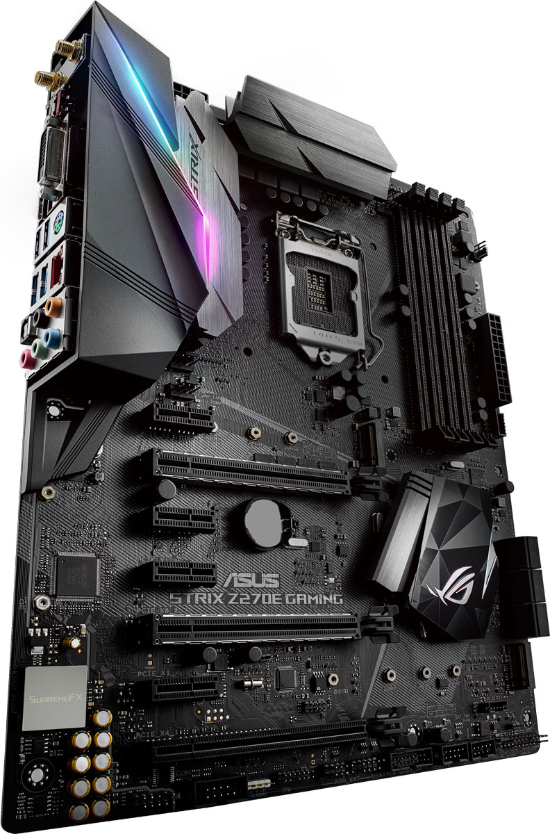 ASUS ROG STRIX Z270E GAMING материнская плата90MB0RN0-M0EAY0 ASUS ROG STRIX Z270E GAMING материнская плата90MB0RN0-M0EAY0Геймерская ATX-плата ASUS ROG Strix Z270E Gaming для платформы Intel LGA 1151 с технологией синхронизации светодиодной подсветки Aura Sync, модулем Wi-Fi 802.11ac, поддержкой DDR4 3866 МГц, двумя разъемами M.2, портами SATA 6 Гбит/с, HDMI и USB 3.1 Type-C на передней панели.Intel Z270 – это новейший чипсет, оптимизированный для работы с процессорами Intel серий Core i7 / Core i5 / Core i3 / Pentium / Celeron седьмого и шестого поколений, устанавливаемыми в разъем LGA1151. Особенностью этих процессоров являются встроенные контроллеры памяти и шины PCI Express, обеспечивающие работу двухканальной памяти DDR4 (4 DIMM) и 16 линий PCI Express 3.0/2.0, а также мощное интегрированное графическое ядро. Данный чипсет отличается высокой стабильностью, производительностью и пропускной способностью. Материнская плата ROG Strix Z270 продолжает славные традиции геймерских продуктов серии Pro Gaming, дополняя их современными решениями от команды разработчиков Republic of Gamers. В материнской плате ROG Strix Z270E Gaming сочетаются смелая эстетика, отличная производительность и невероятное качество звучания, которые подарят пользователям непревзойденные возможности для игр и подчеркнут их эксклюзивный геймерский стиль. Поддержка новейших процессоров и технологий Intel и эксклюзивные инновации ROG выводят производительность системы, построенной на базе данной платы, на новый уровень, чтобы предоставить геймеру полное преимущество над оппонентами. ROG Strix Z270E заряжает каждое движение игрока в игре мощной энергией и вооружает его несравненной скоростью и ловкостью. Присоединяйтесь к республике геймеров с ROG Strix Z270E Gaming и доминируйте в каждой игре!В комплект материнской платы входит удобная в работе утилита Aura для управления подсветкой, с помощью которой дизайн вашего компьютера станет незабываемым. Она позволяет регулировать как встроенную светодиодную подсветку, так и подключенные к 4-контактному разъему на плате ROG Strix Z270E Gaming светодиодные ленты, в частности в режиме синхронизации. Для системы Aura можно выбрать один из девяти режимов работы.Материнская плата оборудована эксклюзивным креплением для монтажа элементов, распечатанных на 3D-принтере. Ими могут быть табличка с именем, деталь для аккуратной проводки кабелей или держатель вентилятора для разъема M.2.Благодаря аудиотехнологии SupremeFX обеспечивается высокое соотношение сигнал-шум на линейном входе (113 дБ), что гарантирует превосходное качество записи звука. В схему питания кодека SupremeFX S1220A был добавлен стабилизатор с малым падением напряжения для улучшения чистоты электропитания, а благодаря операционным усилителям Texas Instruments RC4850 и OPA1688 достигается великолепное качество воспроизведения звука со сверхнизким уровнем искажений.Специальный генератор базовой частоты (BCLK), предназначенный для 7-го поколения процессоров Intel, позволяет устанавливать частоту BCLK на уровне 425 МГц и выше. Это эксклюзивное решение работает в тандеме с контроллером ASUS TurboV Processing Unit (TPU) в целях улучшения контроля над параметрами напряжения и базовой частоты при разгоне – обеспечивая новый захватывающий способ для достижения максимальных результатов.Благодаря оригинальной Т-образной топологии подключения слотов системной памяти нового поколения увеличивается ее разгонный потенциал. Именно это позволяет достичь частоты свыше 3866 МГц при разгоне модулей памяти DDR4 на новых материнских платах ASUS.Найти оптимальные настройки компьютера для игры стало предельно просто – достаточно воспользоваться функцией 5-сторонней оптимизации от ASUS, реализованной в ROG Strix Z270E Gaming! С ее помощью можно легко получить максимальную производительность процессора или максимальную экономию электроэнергии, задать стабильные настройки цифровой системы питания, отрегулировать скорость работы вентиляторов и даже сконфигурировать сетевой контроллер и аудиосистему. Иными словами, с помощью этой функции вы легко можете оптимизировать свой компьютер под конкретные приложения, которые вы используете.Материнская плата поддерживает технологию RAMCache II, с помощью которой можно выделить часть системной памяти для использования в качестве сверхбыстрого кэша для жесткого диска или твердотельного накопителя (поддерживаются новейшие SSD с интерфейсом NVM Express). Это поможет значительно ускорить время загрузки часто применяемых программ.В отличие от традиционных BIOS-систем ASUS UEFI BIOS обладает графическим интерфейсом с поддержкой мыши. Он имеет режимы для обычных пользователей и энтузиастов.Сетевые контроллеры Intel славятся своей стабильной и эффективной работой при низком уровне загрузке центрального процессора. Установленный на материнской плате ROG Strix Z270E Gaming контроллер Intel I219-V оптимизирован разработчиками под сетевые игры. Разъем проводной сети на данной материнской плате оснащается специальной защитой от статического электричества и перепадов напряжения.Технология GameFirst оптимизирует сетевой трафик и гарантирует, что онлайн-игры будут работать максимально быстро, без раздражающих лагов. В ее новую версию GameFirst IV вошла функция Multi-Gate Teaming, которая позволяет объединять каналы различных сетей с целью увеличения общей пропускной способности. Кроме того, GameFirst IV поддерживает специальный интеллектуальный режим работы, в котором автоматически формируется база данных приложений для мониторинга сетевой активности и оптимизации игрового трафика.В комплект материнской платы входит двухдиапазонный модуль Wi-Fi стандарта 802.11ac с максимальной скоростью передачи данных 867 Мбит/с и поддержкой технологии MU-MIMO, которая позволяет сразу нескольким клиентским устройствам подключаться к беспроводной сети на максимальной скорости.В своих новых материнских платах ASUS предлагает комфортную поддержку интерфейса USB 3.1. Благодаря встроенному контроллеру ASM 2142 пользователь получает поддержку скорости PCIe 3.0 x2 для порта USB 3.1 на передней панели системного блока. Два разъема M.2 (один – для карт формата 22110, второй – для 2280) используют четыре линии PCI Express 3.0 и поддерживают подключение NVMe SSD, в том числе в конфигурации RAID. В массив RAID можно объединить до трех устройств хранения данных с интерфейсом PCIe 3.0: два с помощью разъемов M.2 и один, подключенный к слоту PCIe x16, чтобы насладиться самой быстрой в мире дисковой системой, которая поддерживается седьмым поколением процессоров Intel Core.Данная материнская плата имеет встроенную поддержку двух портов USB 3.1 (одного Type-A и одного компактного Type-С) с максимальной пропускной способностью 10 Гбит/с — это в два раза выше, чем у USB 3.0. Интерфейс USB 3.1 гарантирует обратную совместимость с устройствами, оборудованными USB-интерфейсом предыдущих версий. Эксклюзивная утилита ASUS USB 3.1 Boost позволяет повысить практическую пропускную способность USB 3.1.Абсолютно новая функция ROG Clone Drive помогает быстро и удобно клонировать жесткие диски или твердотельные накопители. Функция Clone Drive позволяет выполнять клонирование на два диска одновременно, а также записывать на них образы с невероятной скоростью.Маркировка ASUS ROG Beyond VR Ready на материнской плате ROG Strix Z270E Gaming означает, что она прошла строгое тестирование на совместимость с оборудованием от ведущих производителей в индустрии систем виртуальной реальности. Кроме того, гарантируется максимальная производительность, безукоризненные игровые и развлекательные возможности системы после отключения оборудования виртуальной реальности. ASUS Beyond VR Ready открывает новый способ настройки и построения системы вашей мечты с полной уверенностью в качестве.