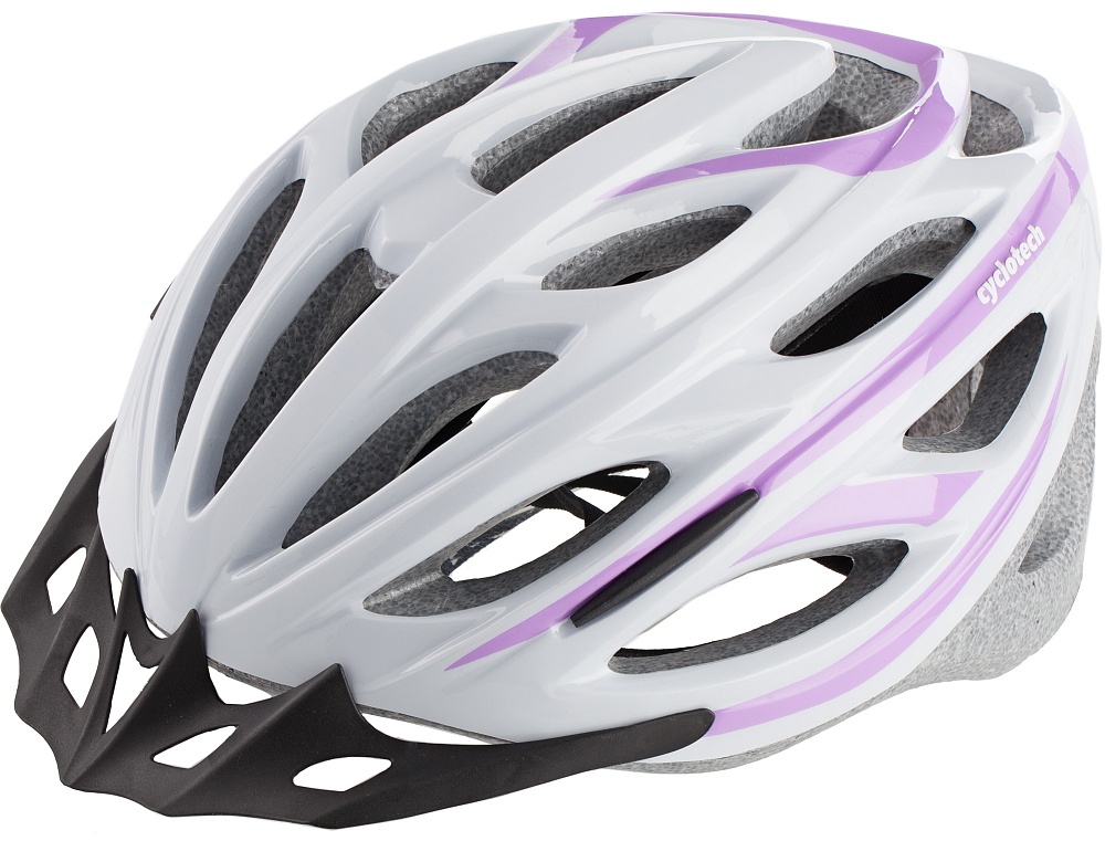 Шлем велосипедный женский Cyclotech, цвет: белый, сиреневый. Размер MCHHY15W Шлем велосипедный женский Cyclotech, цвет: белый, сиреневый. Размер MCHHY15WЖенский велосипедный шлем Cyclotech изготовлен по технологии OutMold, которая обеспечивает хорошее сочетание невысокой цены и достаточной технологичности. Увеличенное количество вентиляционных отверстий гарантирует отличную циркуляцию воздуха при любой скорости передвижения, сохраняя при этом жесткость шлема. Шлем соответствует международным стандартам безопасности и надежности (сертификация EN 1078). Возможность регулировки размера с помощью поворотного кольца. Шлем выполнен из пластика снаружи и вспененного пенополистирола внутри, дополнен нейлоновой подкладкой. Обхват головы: 58-62 см.