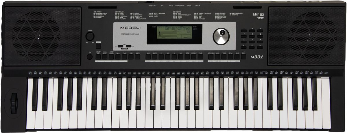 Medeli M331 цифровой синтезаторM331 Medeli M331 цифровой синтезаторM331Синтезатор Medeli M331 относится к категории инструментов начального уровня и позволит молодым талантам поднять свой музыкальный уровень на качественно новую ступень. Несмотря на бюджетную цену, модель наделена качественным звучанием, которое воспроизводит 128-нотная полифония. Увеличена библиотека встроенных звуков. В ней собрано тембры 633 музыкальных инструментов и 220 стилей автоматического аккомпанемента. Выходное звучание может обрабатываться с помощью DSP-эффектов, в том числе эквалайзера с заданными предустановками. Доступны и более традиционные спецэффекты: хорус, реверберация, дилей; а также модные варианты – ротари и флэнджер.Вершиной технологического решения можно назвать программное обеспечение, предназначенное для создания пользовательских стилей. Подключив синтезатор к компьютеру с предварительно установленной программой, пианист сможет реализовать свои самые смелые музыкальные фантазии. Инструмент позволяет сохранить всего 10 композиций на 6 треках. Творческий помощник поможет исполнить сложный пассаж красиво, гармонизируя аккорды. Предустановленную систему обучения дополняет коллекция из 160 песен, которые можно разучивать. Кроме того, пользователь сможет записать 10 композиций по своему вкусу.