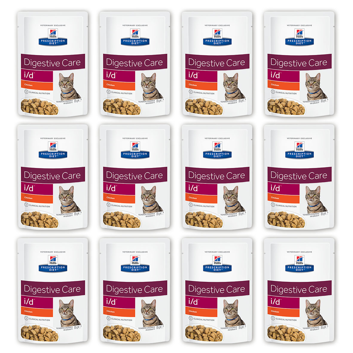 Консервы Hills Prescription Diet. I/D для кошек с заболеваниями ЖКТ, с курицей, 85 г, 12 шт3407_12 Консервы Hills Prescription Diet. I/D для кошек с заболеваниями ЖКТ, с курицей, 85 г, 12 шт3407_12Консервы Hills Prescription Diet. I/D рекомендуются:- При заболеваниях желудочно-кишечного тракта: гастрите, энтерите, колите (наиболее распространенные причины диареи). - Для восстановления после хирургической операции на желудочно-кишечном тракте. - При недостаточности экзокринной функции поджелудочной железы. - При панкреатите без гиперлипидемии. - Для восстановления после легких хирургических процедур и состояний, незначительно ослабляющих организм. - Для котят в качестве повседневного питания. Обеспечивает полноценное сбалансированное питание котятам (в течение короткого периода) и взрослым кошкам. Не рекомендуется кошкам с задержкой натрия в организме.Ключевые преимущества: - Высокая перевариваемость продукта улучшает всасывание нутриентов и способствует восстановлению желудочно-кишечного тракта. - Содержание жиров снижено, что помогает уменьшить стеаторею (маслянистый стул). - Повышенное содержание растворимой клетчатки обеспечивает поступление короткоцепочных жирных кислот, которые питают энтероциты и восстанавливают кишечную микрофлору. - Повышено содержание электролитов, витаминов группы B, что восполняет потерю этих нутриентов при рвоте и диарее. - Добавлена антиоксидантная формула, которая нейтрализует действие свободных радикалов, участвующих в развитии гастроэнтерита. Ингредиенты: курица (27%), свинина, крахмал тапиоки, лосось, пшеничная мука, концентрат растительного протеина, маисовый крахмал, глюкоза, целлюлоза, кальция фосфат, протеиновая мука, дрожжи, калия хлорид, подсолнечное масло, микроэлементы, витамины, карамель и окись магния.Среднее содержание нутриентов в рационе: протеин 8,3%, жиры 4,4%, углеводы (БЭВ) 6,4%, клетчатка (общая) 0,6%, влага 78,6%, кальций 0,23%, фосфор 0,18%, натрий 0,09%, калий 0,24%, магний 0,02%, Омега-3 жирные кислоты 0,12%, Омега-6 жирные кислоты 0,77%, таурин 613 мг/кг, Витамин A 16 900 МЕ/кг, Витамин D 260 МЕ/кг, Витамин E 160 мг/кг, Витамин C 32 мг/кг, бета-каротин 0,5 мг/кг. Метаболизируемая энергия в рационе: Ккал/100 г 89; кДж/100 г 372; Ккал/пауч 76. Вес одного пауча: 85 г. рН мочи: 6,2-6,4. Товар сертифицирован. Уважаемые клиенты! Обращаем ваше внимание на возможные изменения в дизайне упаковки. Качественные характеристики товара остаются неизменными. Поставка осуществляется в зависимости от наличия на складе.