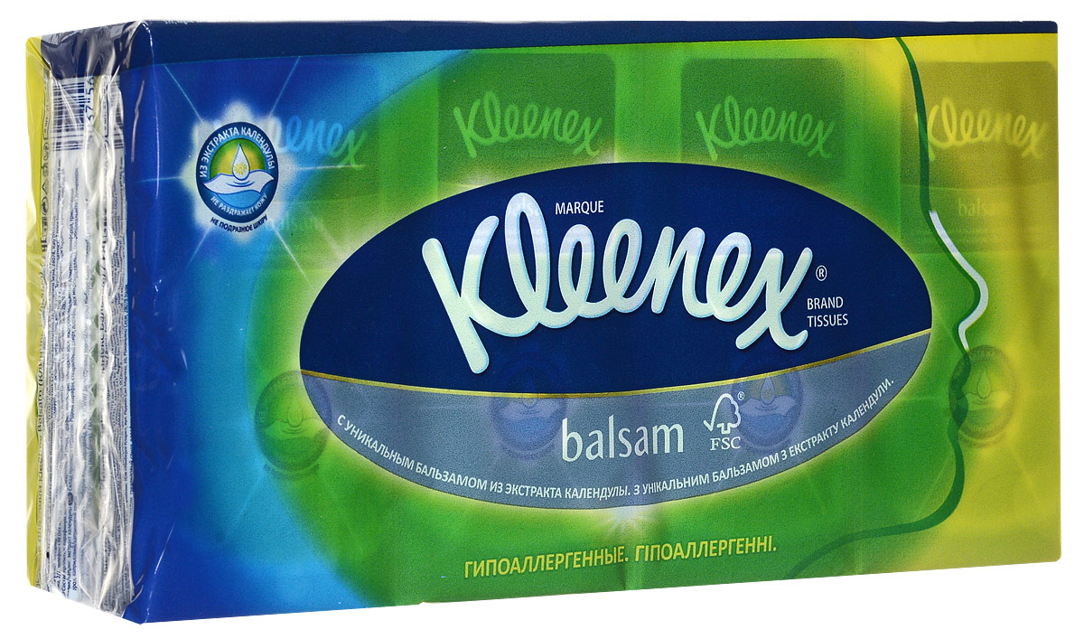 Kleenex Платочки носовые Бальзам 9 х 8 шт2608352311 Kleenex Платочки носовые Бальзам 9 х 8 шт2608352311При изготовлении этих платочков Клинекс применяется уникальная технология нанесения бальзама – микронапыление. Благодаря этому бальзам равномерно распределяется на коже, и даже после 21 дня постоянного использования на Вашем носу не будет ни следа покраснения!
