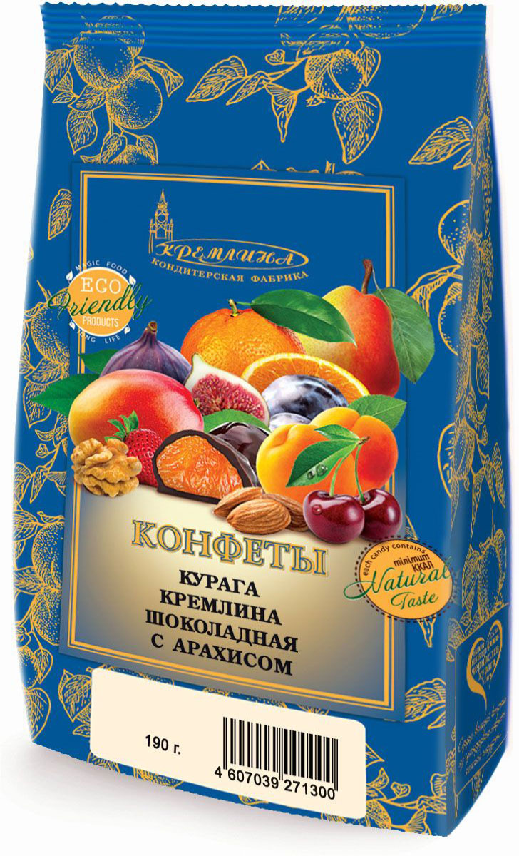 Кремлина Курага в шоколаде с арахисом, 190 г4607039271300 Кремлина Курага в шоколаде с арахисом, 190 г4607039271300Натуральные продукты - сухофрукты, цукаты и орехи - являются одним из самых древнейших полезных лакомств. В них содержатся в различных комбинациях витамины: A, B1, B2, B5, B6, C, PP, E, H; макро- и микроэлементы: фосфор, фтор, алюминий, селен, кобальт, цинк, железо, кальций, калий, магний, йод, марганец, медь, натрий; клетчатка, пектин; ненасыщенные жирные кислоты. Наличие этого богатства элементов делает их ценными и незаменимыми для работы нашего организма, способствует пополнению энергией, дает заряд бодрости, улучшает работу мозга, сердца и сосудов. Орехи - прекрасный природный антиоксидант.Курага и арахис - отличные источники антиоксидантов и микроэлементов. Легкий перекус всегда незаменим, а Кремлина делает его еще и очень полезным для вас.
